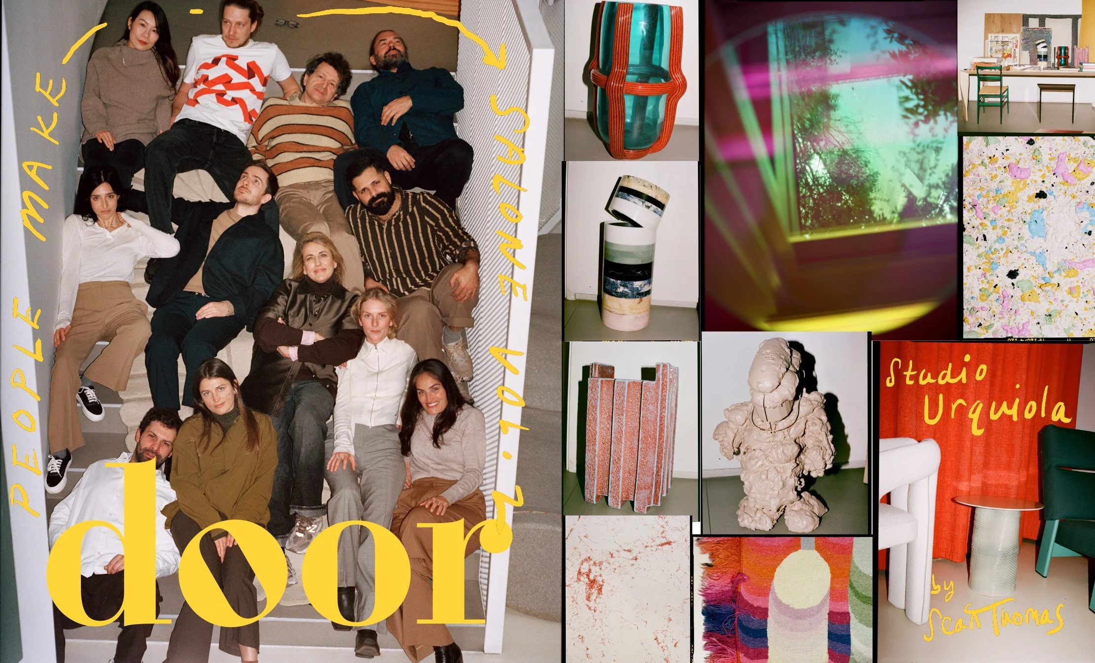  Studio Urquiola team portrait paired with furniture, materials and colorful design experiments from the Milan studio, photographed by Sean Thomas for Door’s “People Make Salone Vol. 2.” 