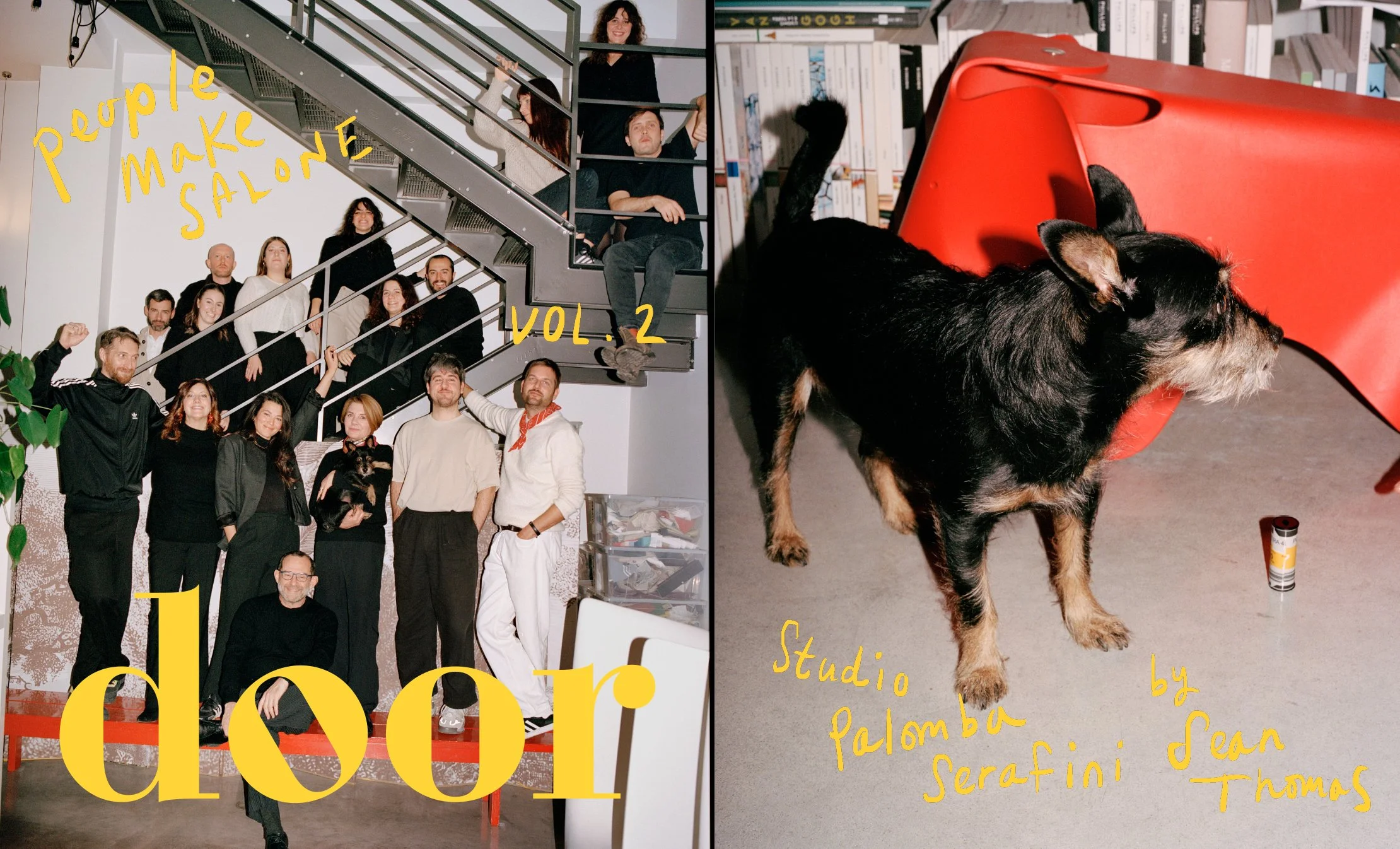 Palomba Serafini Associati team portrait on a studio staircase with a black dog and design details, photographed by Sean Thomas in Milan for Door’s “People Make Salone Vol. 2.” 
