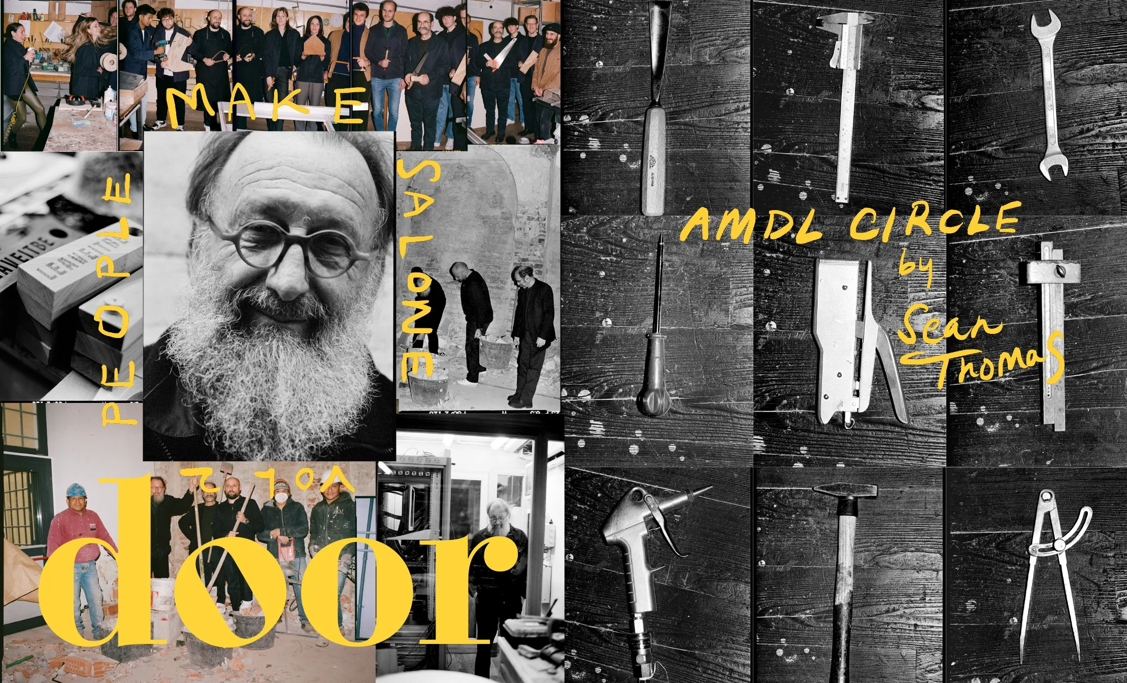  AMDL Circle spread combining a studio portrait and archive collage with a black-and-white grid of hand tools, photographed by Sean Thomas in Milan for Door. 