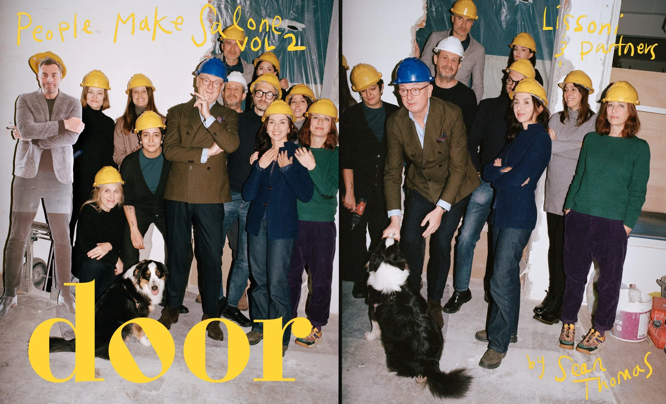  Lissoni and Partners team portrait wearing colorful hard hats with two studio dogs, photographed by Sean Thomas in Milan for Door’s “People Make Salone Vol. 2.” 