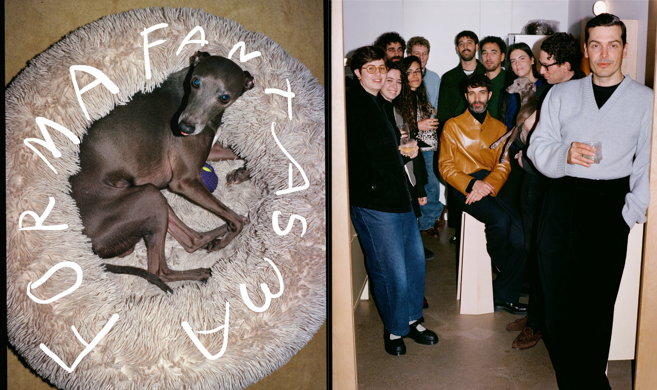  Formafantasma spread pairing the studio dog in a round bed with a group portrait of the Milan design team, photographed by Sean Thomas for Door’s “People Make Salone Vol. 2.” 