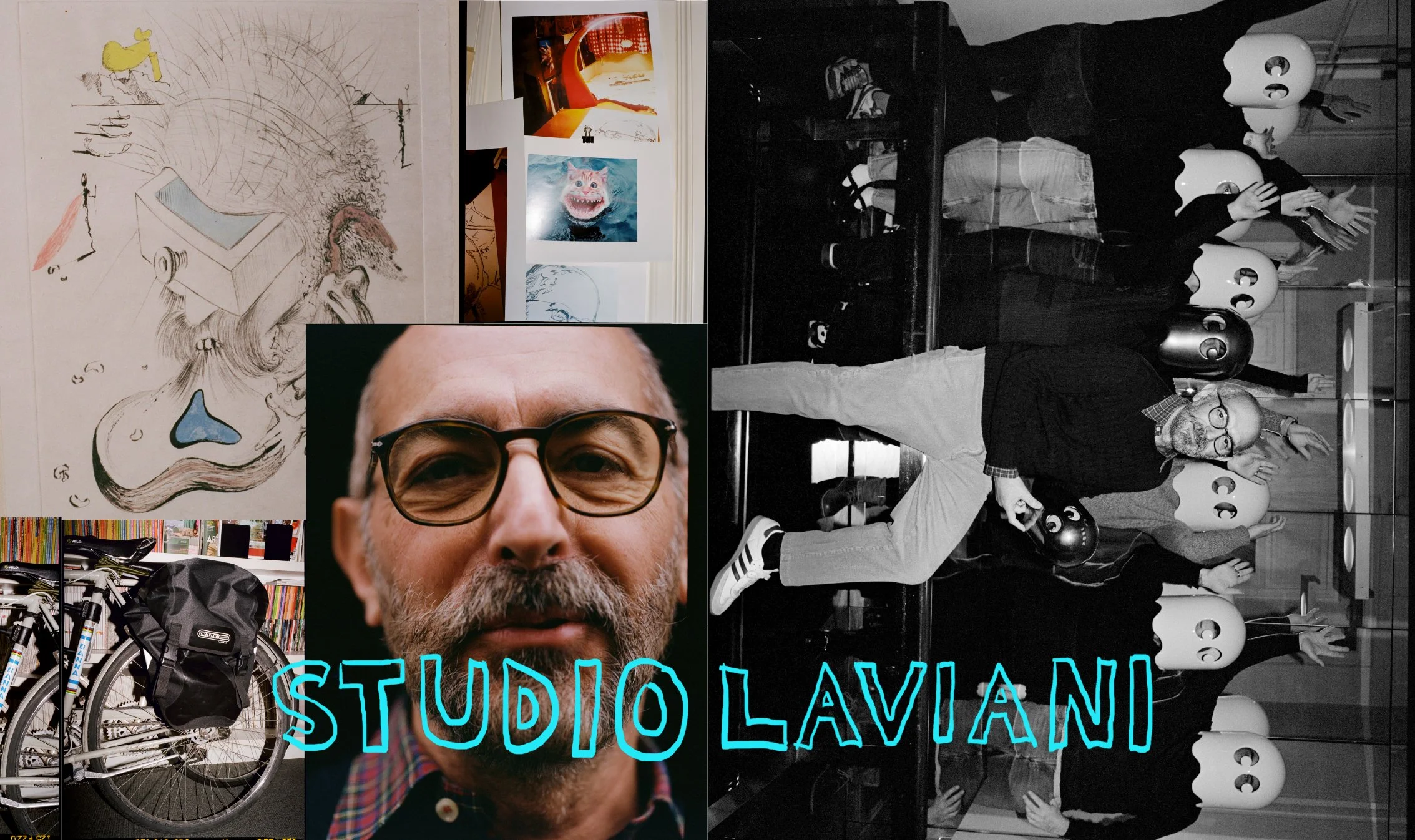 Studio Laviani collage featuring a close portrait, drawings, a bicycle and the team wearing playful masks, photographed by Sean Thomas in Milan for Door. 