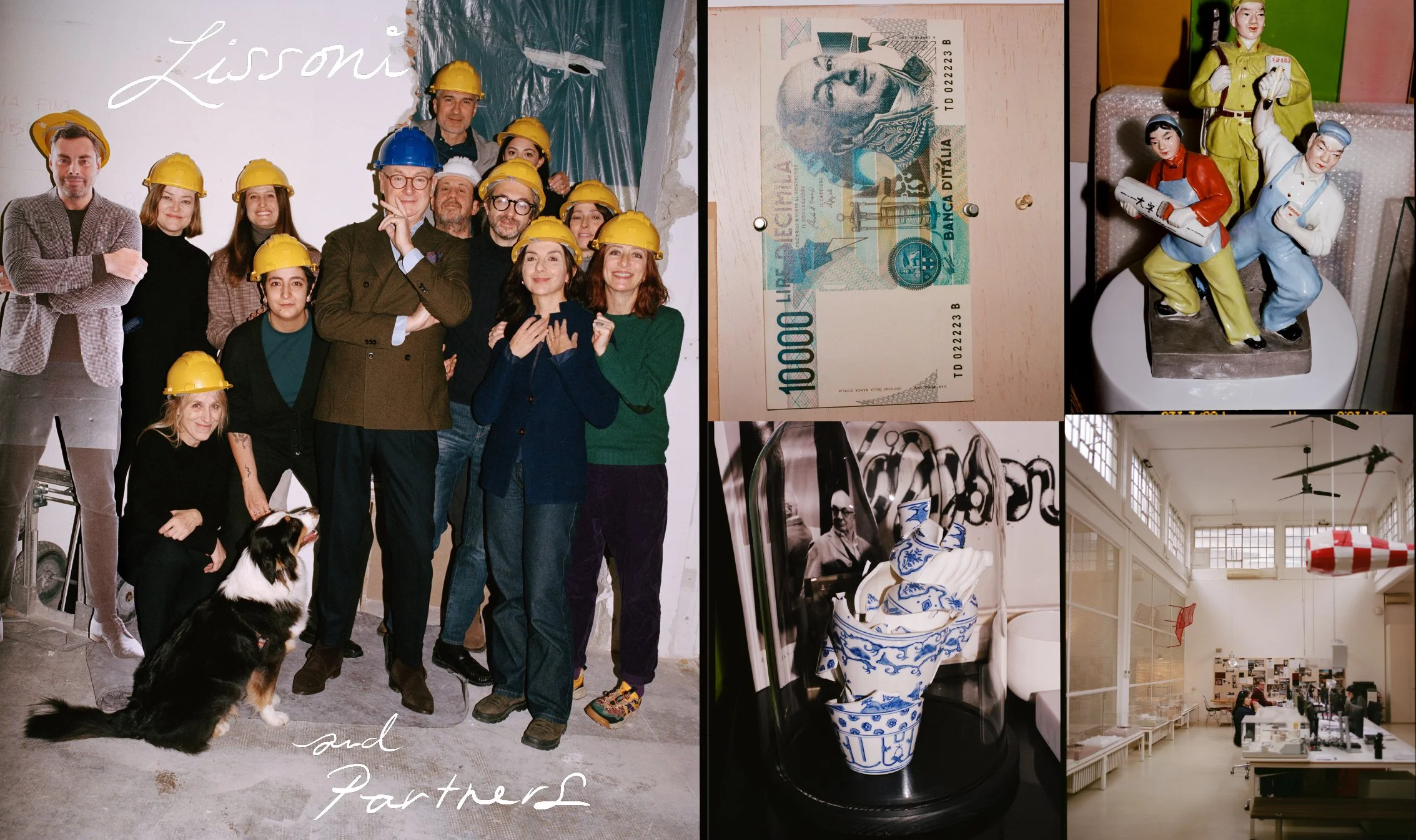  Lissoni and Partners spread combining the team in hard hats with currency, ceramic objects and the Milan workspace, photographed by Sean Thomas for Door. 