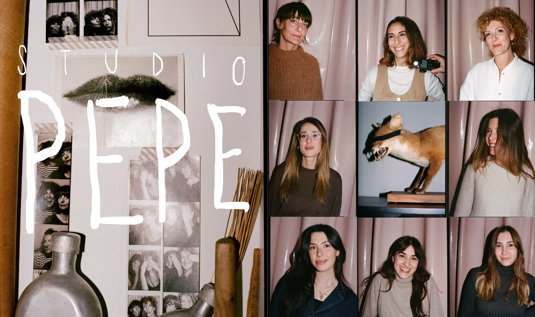  Studiopepe collage of individual team portraits, mood-board imagery and collected design objects in the Milan studio, photographed by Sean Thomas for Door. 
