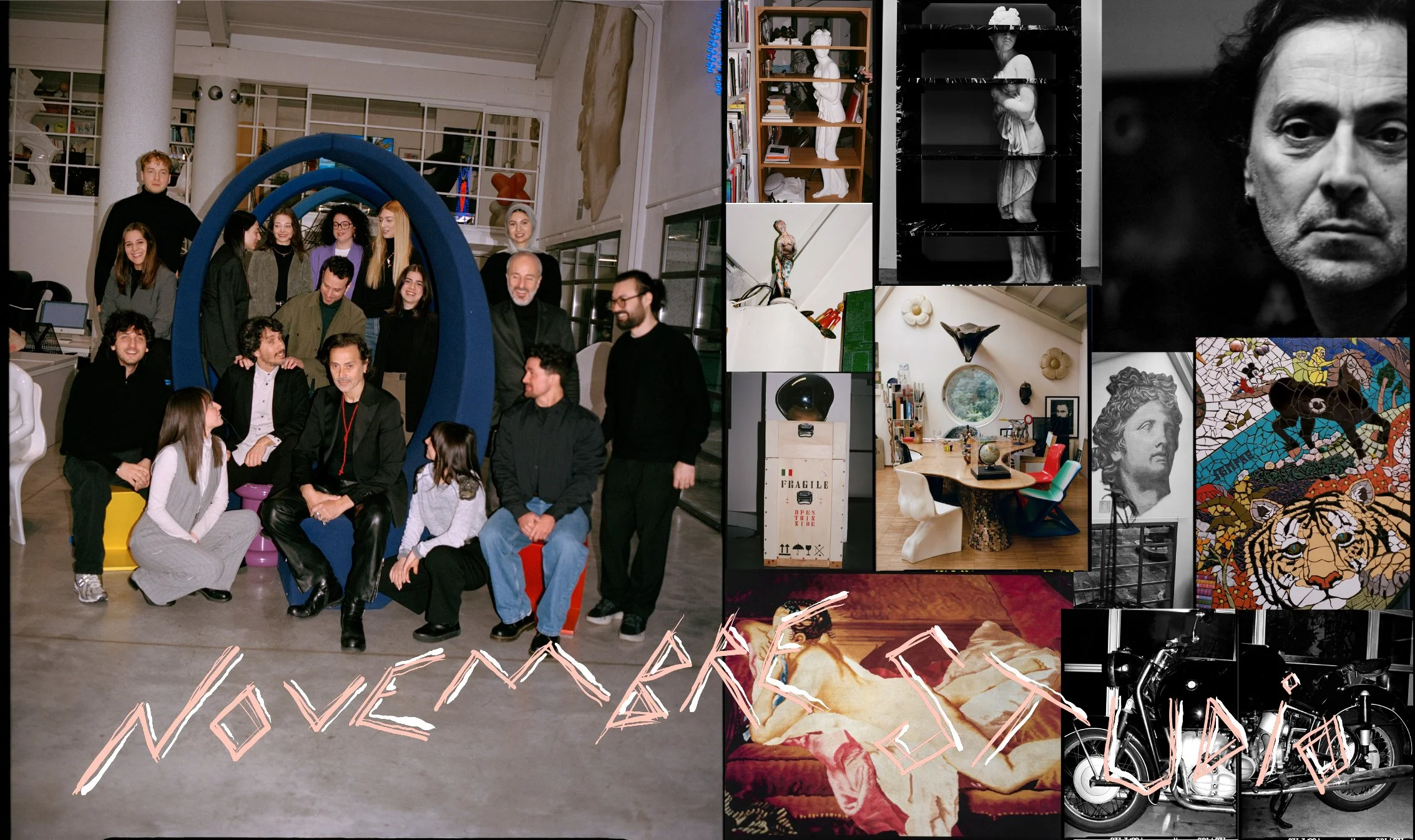  Novembre Studio team portrait beneath a blue architectural arch paired with a collage of artworks, interiors and studio references, photographed by Sean Thomas in Milan for Door. 