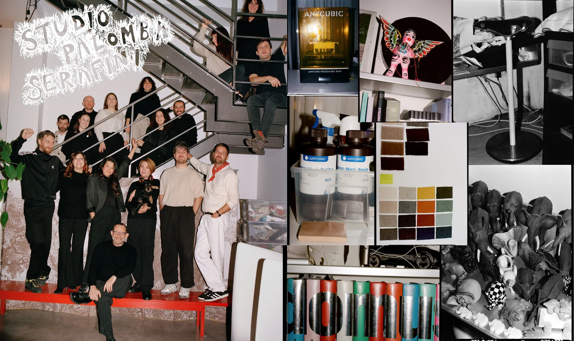  Palomba Serafini Associati team portrait paired with color samples, drawings and studio details in Milan, photographed by Sean Thomas for Door’s Salone del Mobile story. 