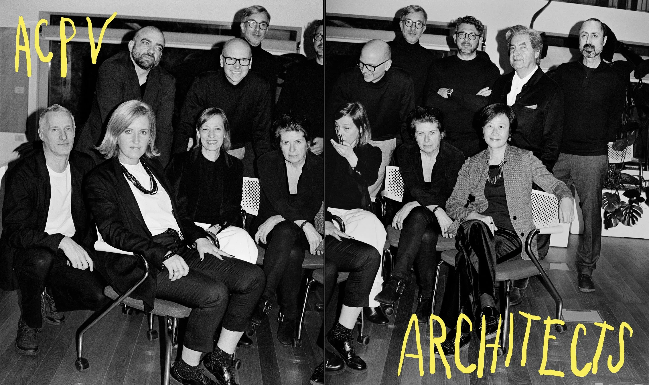  Black-and-white group portrait of the ACPV Architects team in their Milan studio, photographed by Sean Thomas for Door’s “People Make Salone Vol. 2.” 