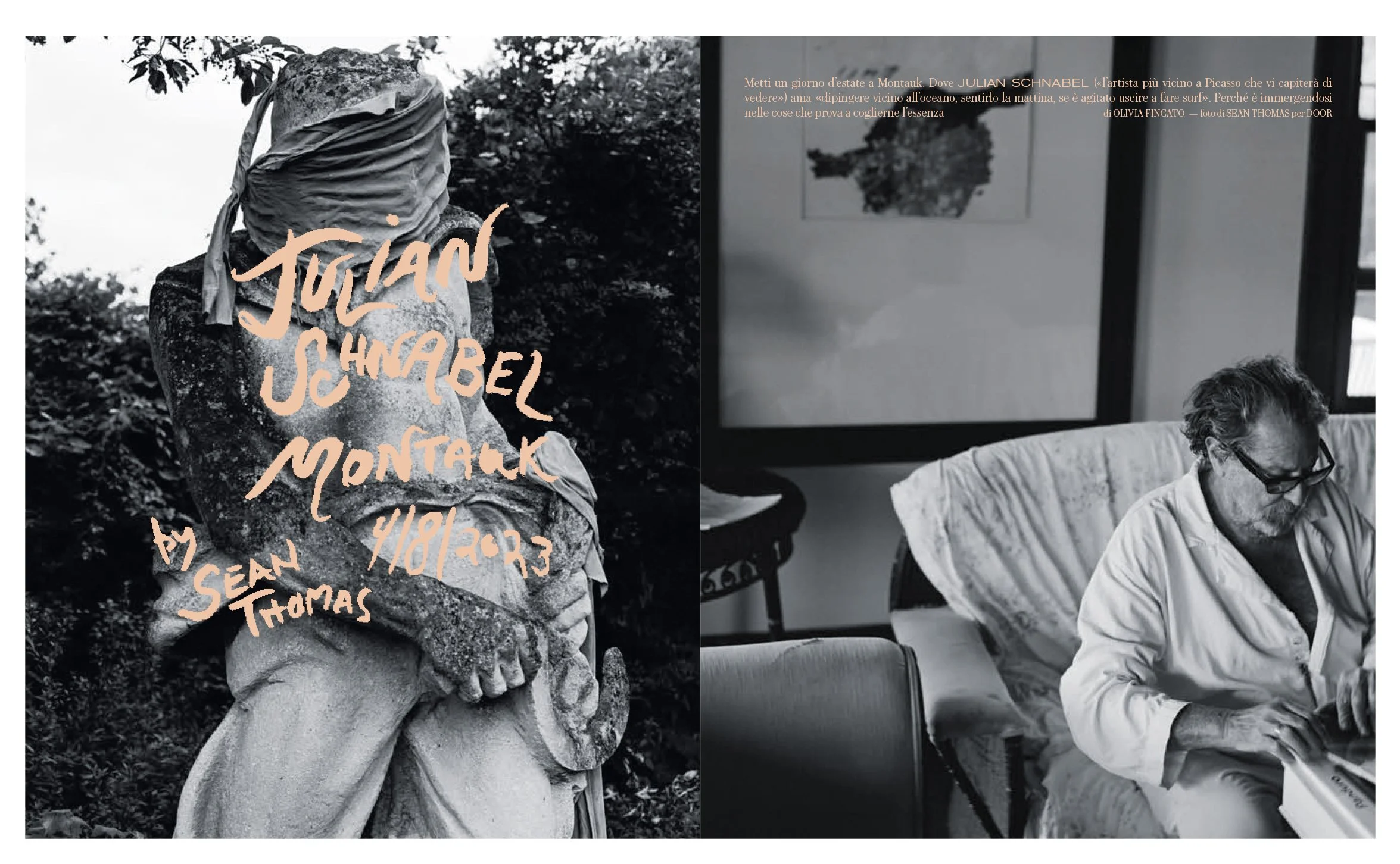  Opening Door, La Repubblica spread pairing a wrapped garden sculpture with Julian Schnabel seated inside his Montauk home, photographed by Sean Thomas. 