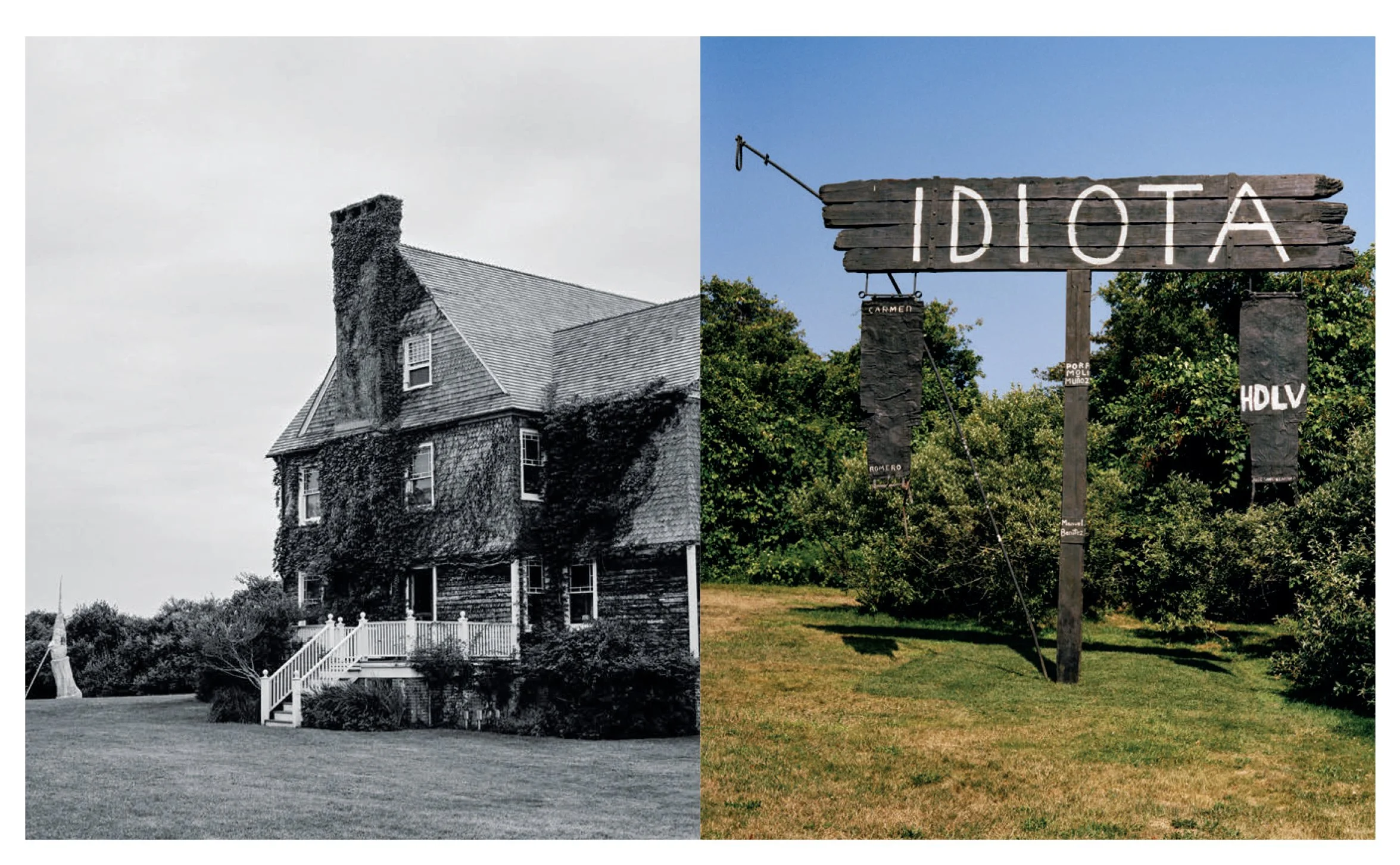  Montauk exterior diptych showing Julian Schnabel’s ivy-covered home and hand-painted Idiota sign, photographed by Sean Thomas for Door, La Repubblica. 