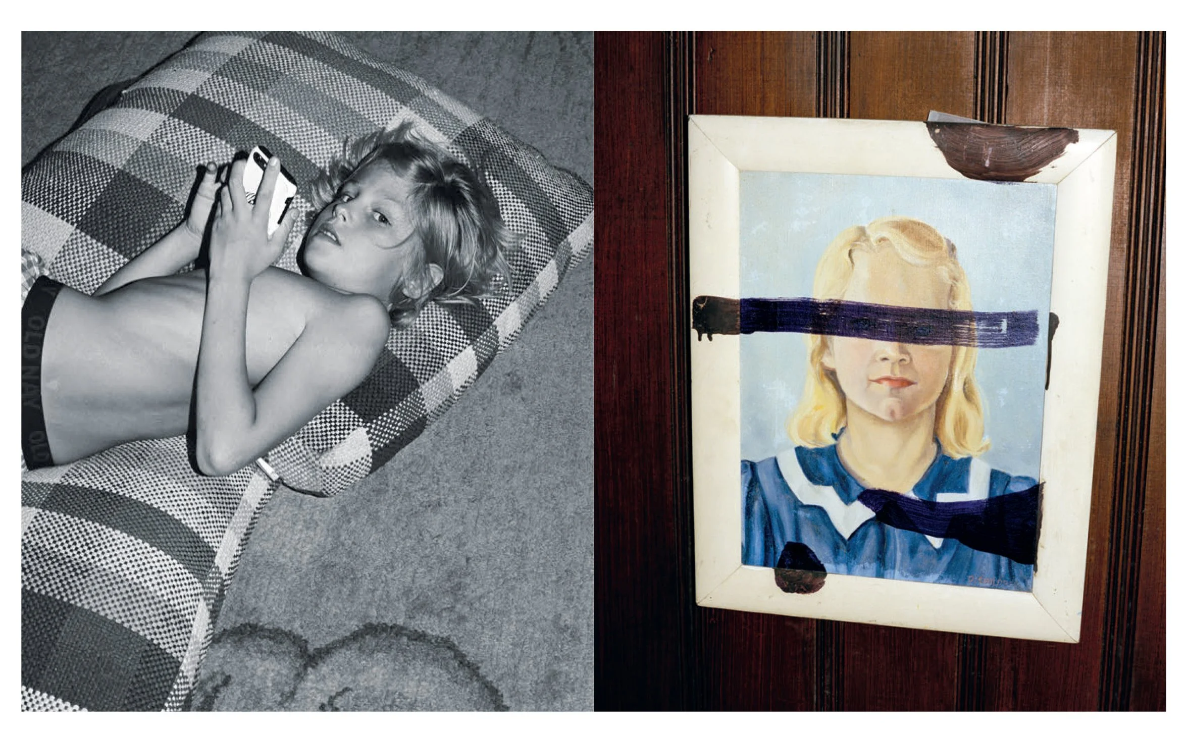  Door, La Repubblica spread pairing an archival childhood photograph with a painted portrait inside Julian Schnabel’s Montauk home, photographed by Sean Thomas. 