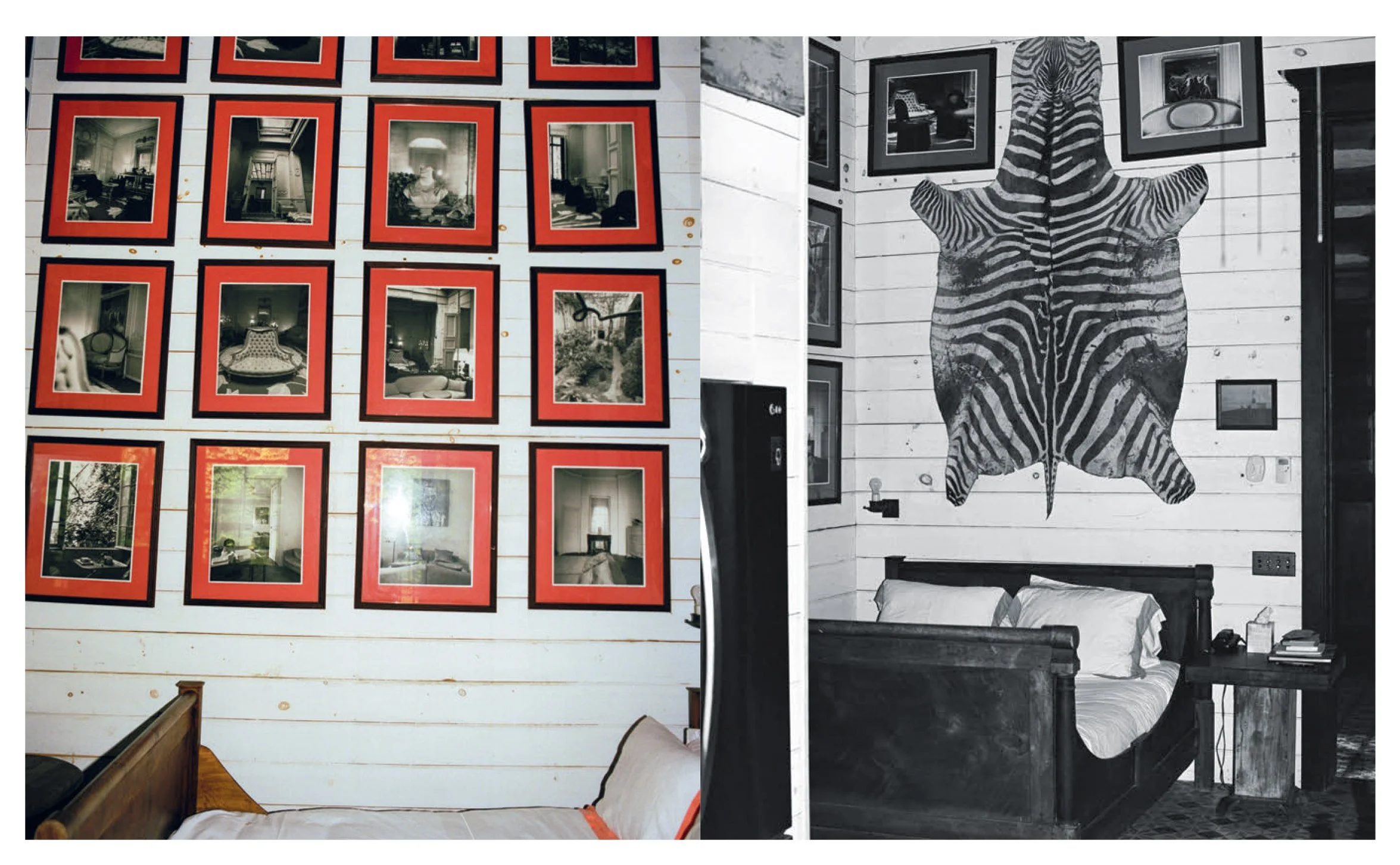  Interior diptych from Julian Schnabel’s Montauk home, with framed photographs and a zebra hide above a bed, photographed by Sean Thomas for Door, La Repubblica. 