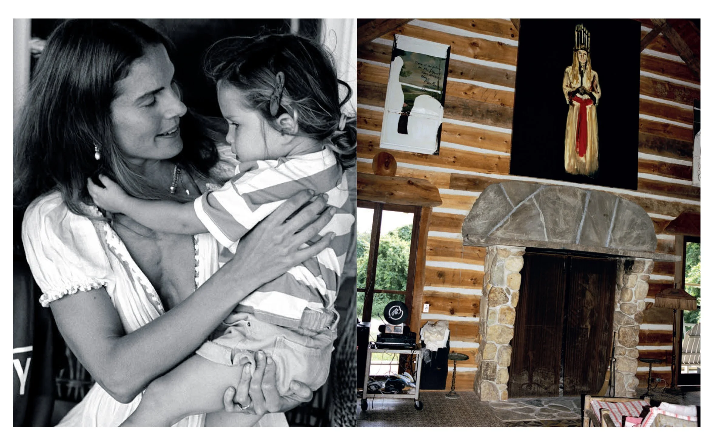  Door, La Repubblica spread combining an archival family photograph with the fireplace and artworks inside Julian Schnabel’s Montauk home, photographed by Sean Thomas. 
