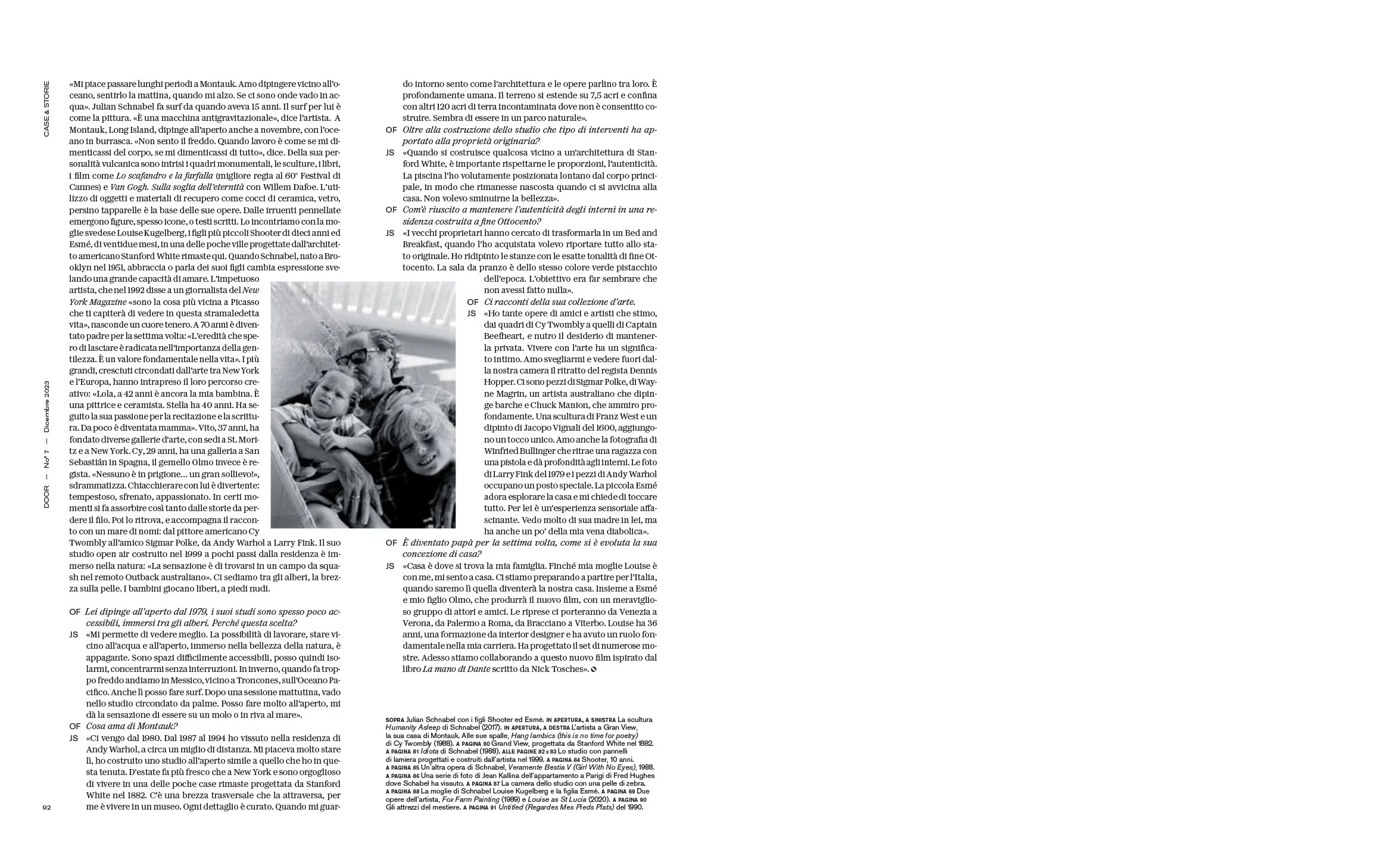  Final Door, La Repubblica article spread on Julian Schnabel, featuring Italian text and a black-and-white family photograph from the Montauk story photographed by Sean Thomas. 