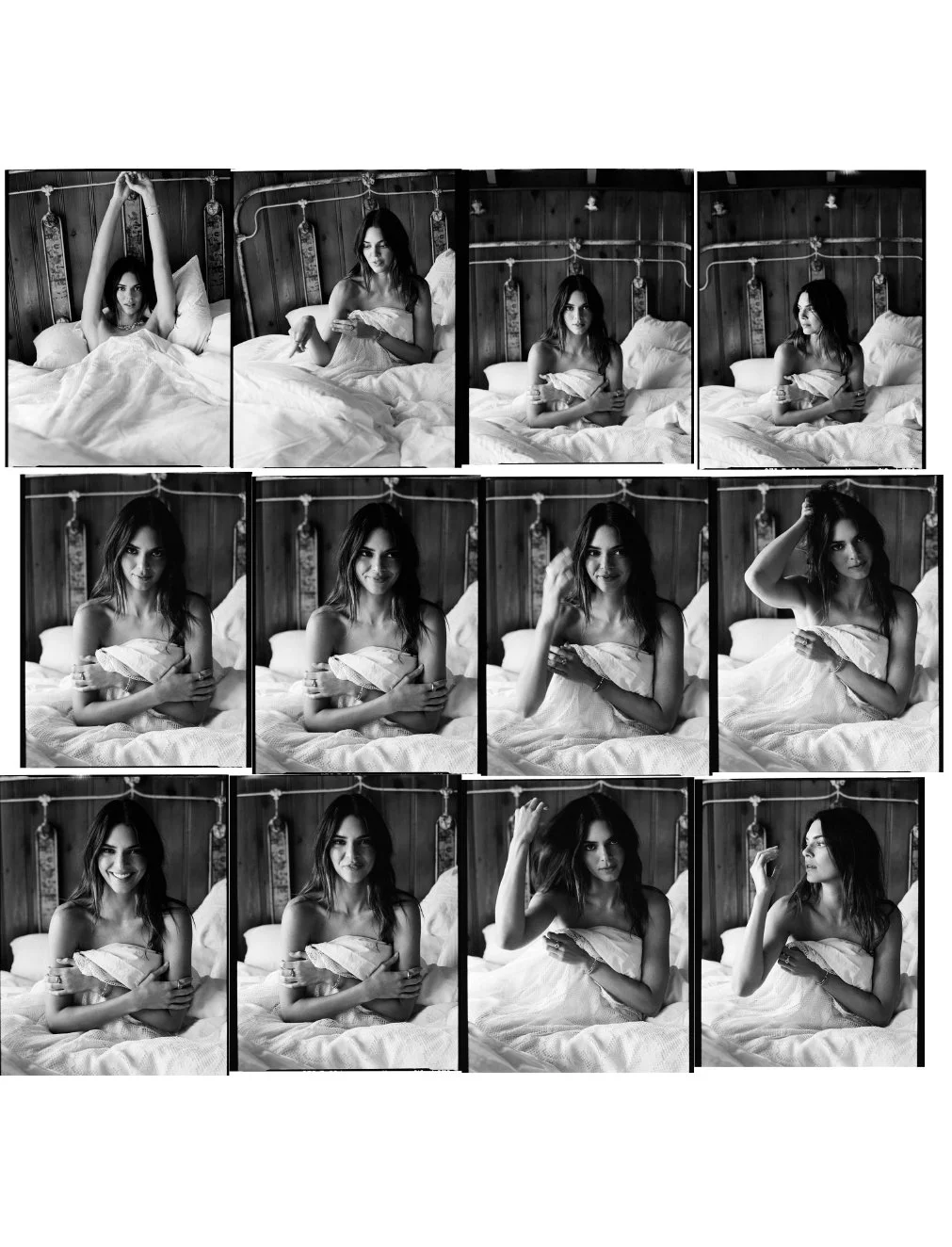  Black-and-white contact sheet of Kendall Jenner wrapped in white bed linens, photographed by Sean Thomas for WSJ. Magazine’s Summer 2023 story. 
