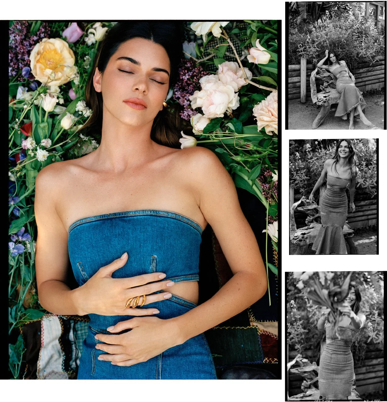  WSJ. Magazine spread of Kendall Jenner lying among flowers in a strapless denim look, with black-and-white garden portraits, photographed by Sean Thomas. 