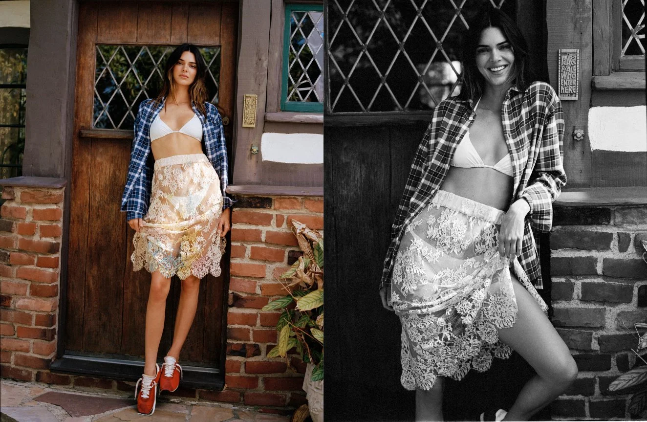  Color and black-and-white portraits of Kendall Jenner at a Laurel Canyon doorway in a plaid shirt, bikini top and lace skirt, photographed by Sean Thomas for WSJ. Magazine. 