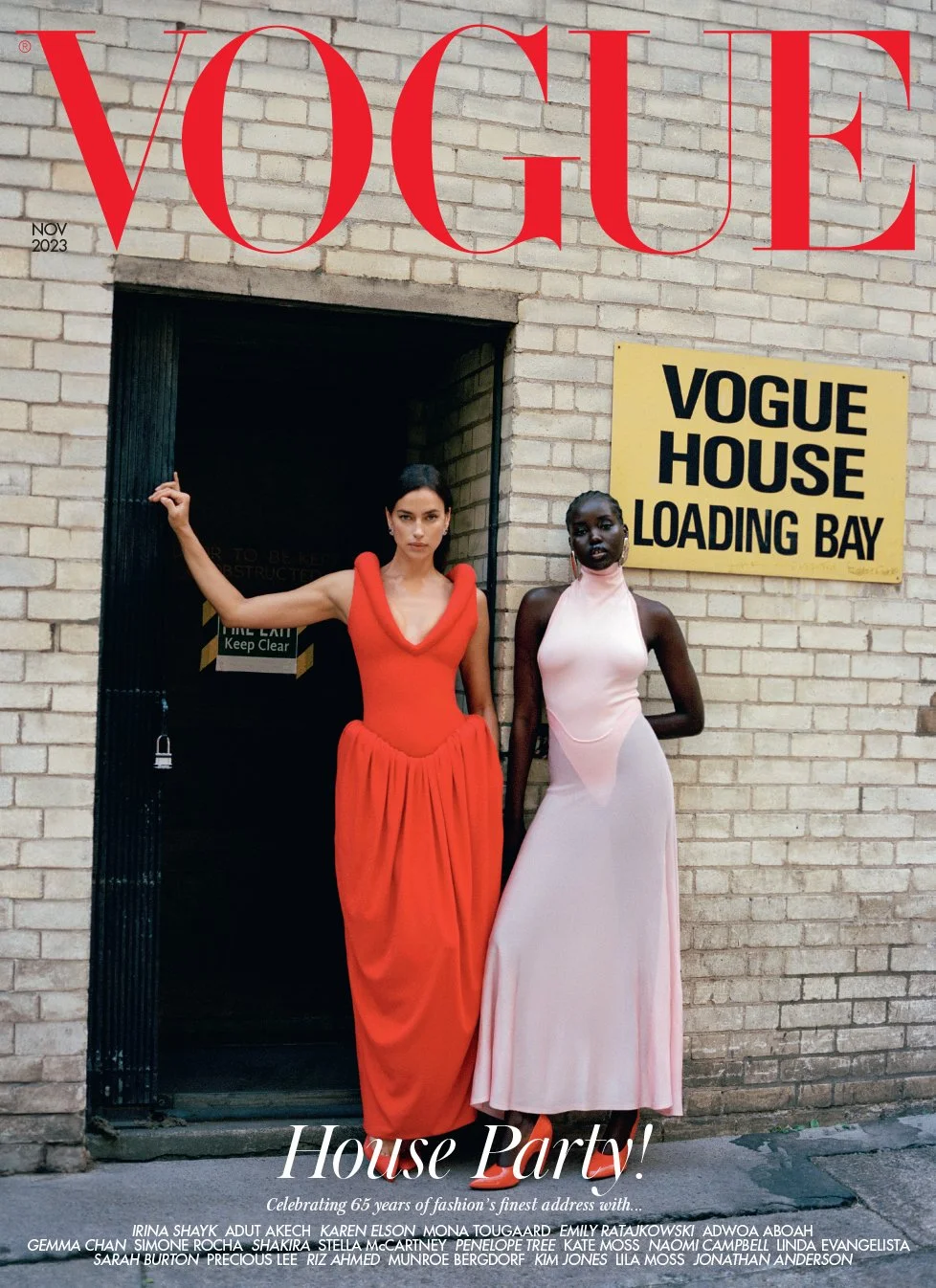  British Vogue’s November 2023 Goodbye, Vogue House cover with Irina Shayk and Adut Akech in London. Photography Sean Thomas; styling Dena Giannini; set design Miguel Bento; flowers Alexander Young. 