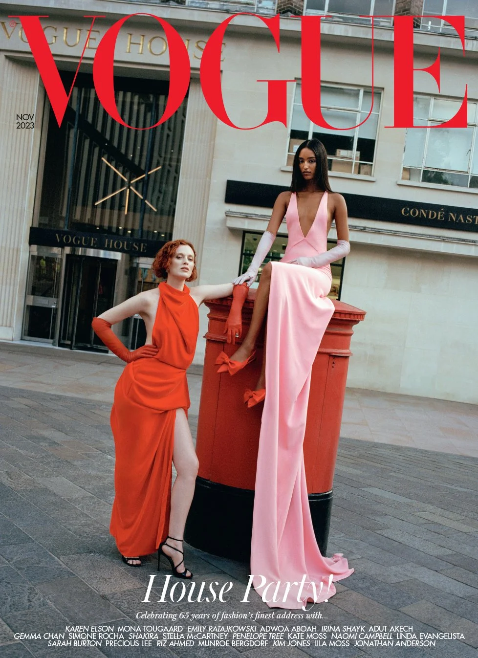  British Vogue’s November 2023 Goodbye, Vogue House cover with Karen Elson and Mona Tougaard in London. Photography Sean Thomas; styling Dena Giannini; production The Curated; digital artwork Matthew Richards. 