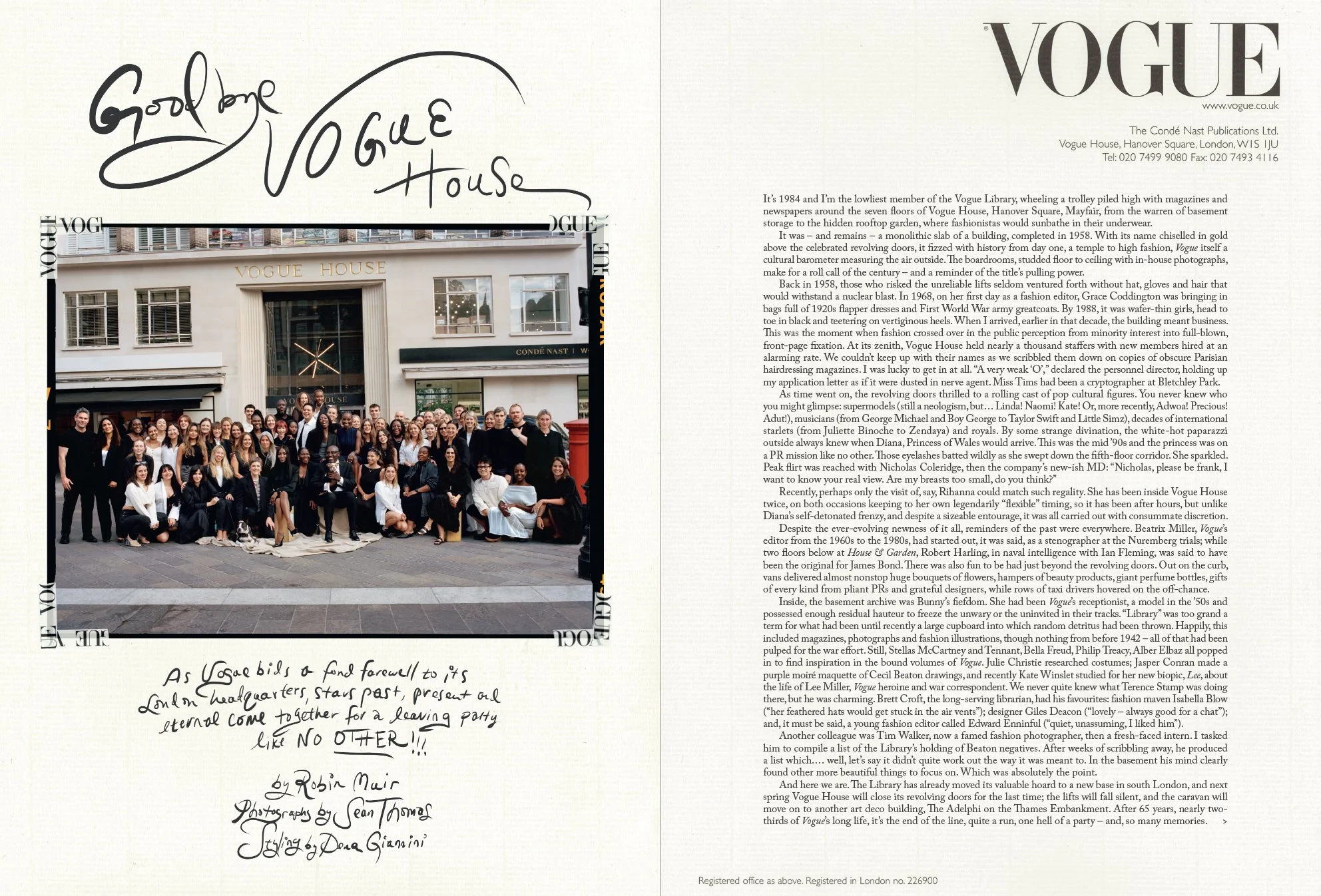  Opening spread of British Vogue’s Goodbye, Vogue House story, with the editorial team outside 1 Hanover Square in London; written by Robin Muir, photographed by Sean Thomas and styled by Dena Giannini. 