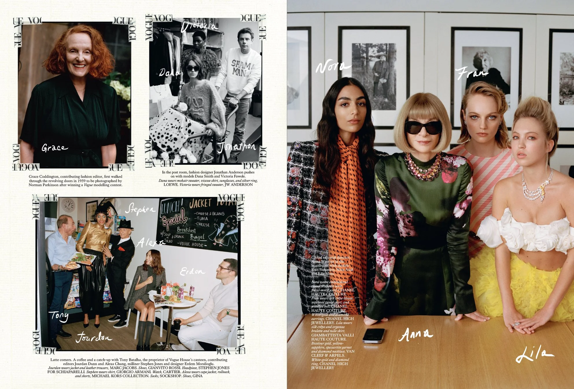  Grace Coddington; Jonathan Anderson, Dana Smith and Victoria Fawole; Tony Batalha, Jourdan Dunn, Alexa Chung, Stephen Jones and Erdem Moralioglu; Anna Wintour, Nora Attal, Fran Summers and Lila Moss. British Vogue, photographed by Sean Thomas. 