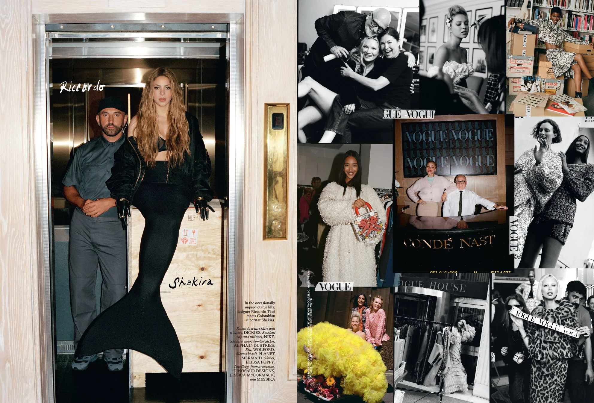  Riccardo Tisci and Shakira in the Vogue House lifts, surrounded by behind-the-scenes portraits from British Vogue’s Goodbye, Vogue House story, photographed in London by Sean Thomas and styled by Dena Giannini. 