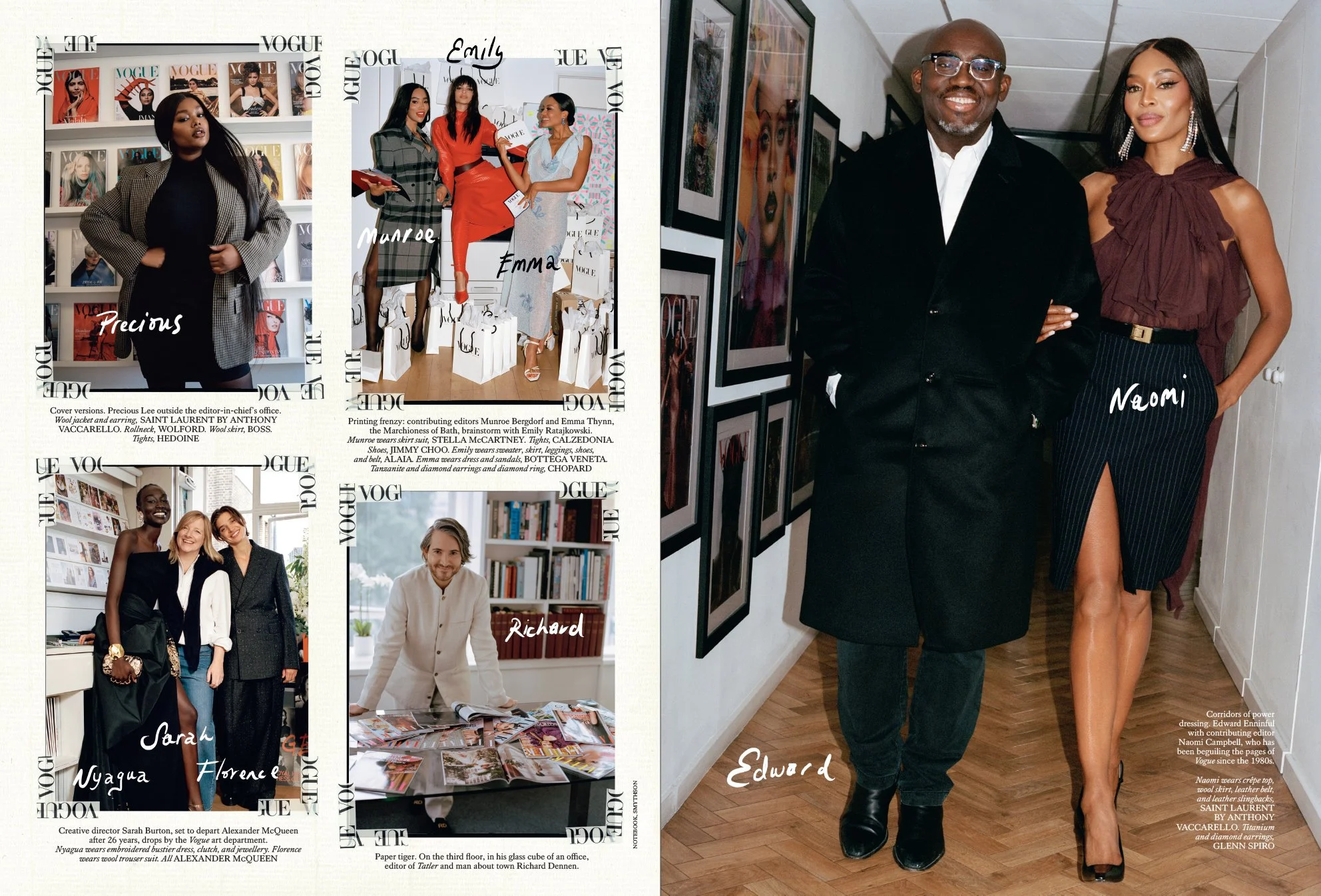  Precious Lee; Munroe Bergdorf, Emma Thynn and Emily Ratajkowski; Sarah Burton with Nyagua Ruea and Florence Huntington-Whiteley; Richard Dennen; and Edward Enninful with Naomi Campbell, photographed at Vogue House by Sean Thomas for British Vogue. 