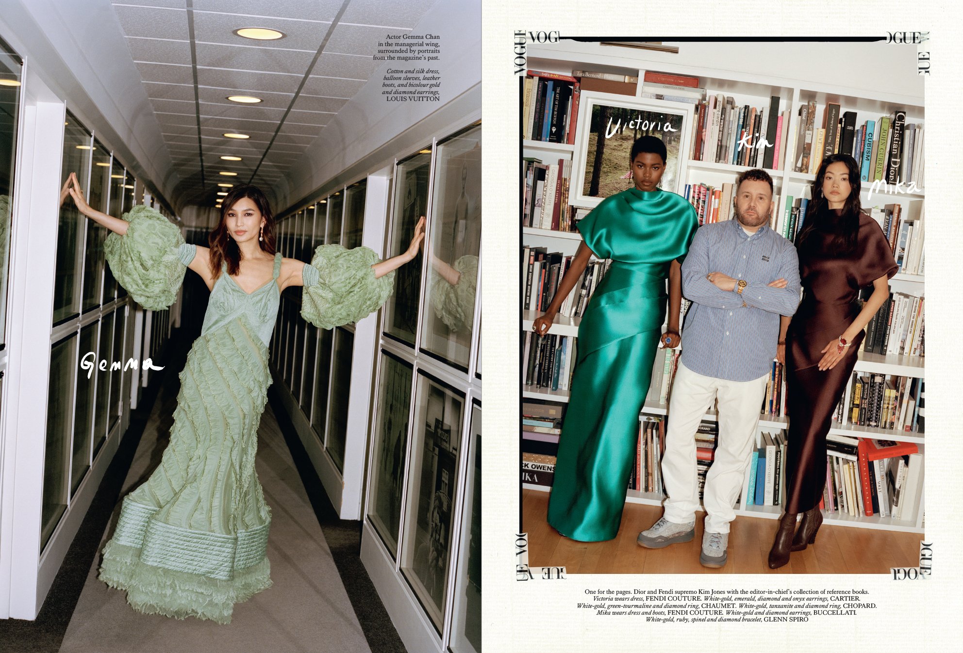  Gemma Chan in the Vogue House managerial wing, and Kim Jones with models Victoria Fawole and Mika Schneider in the editor-in-chief’s library, photographed by Sean Thomas for British Vogue. 
