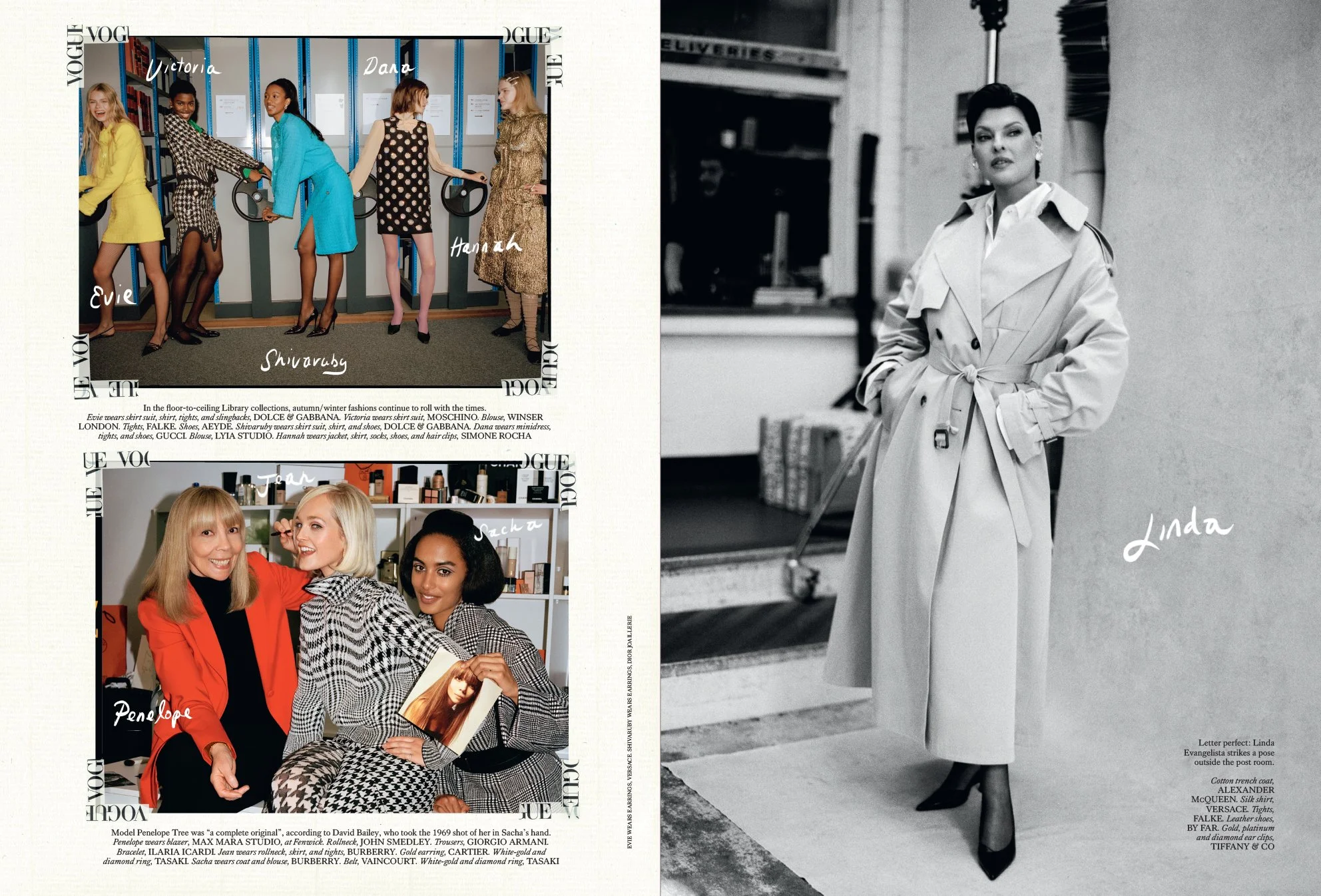  Evie Harris, Victoria Fawole, Shivaruby, Dana Smith and Hannah Motler in the Vogue library; Penelope Tree with Jean Campbell and Sacha Quenby; and Linda Evangelista outside the post room, photographed by Sean Thomas for British Vogue. 
