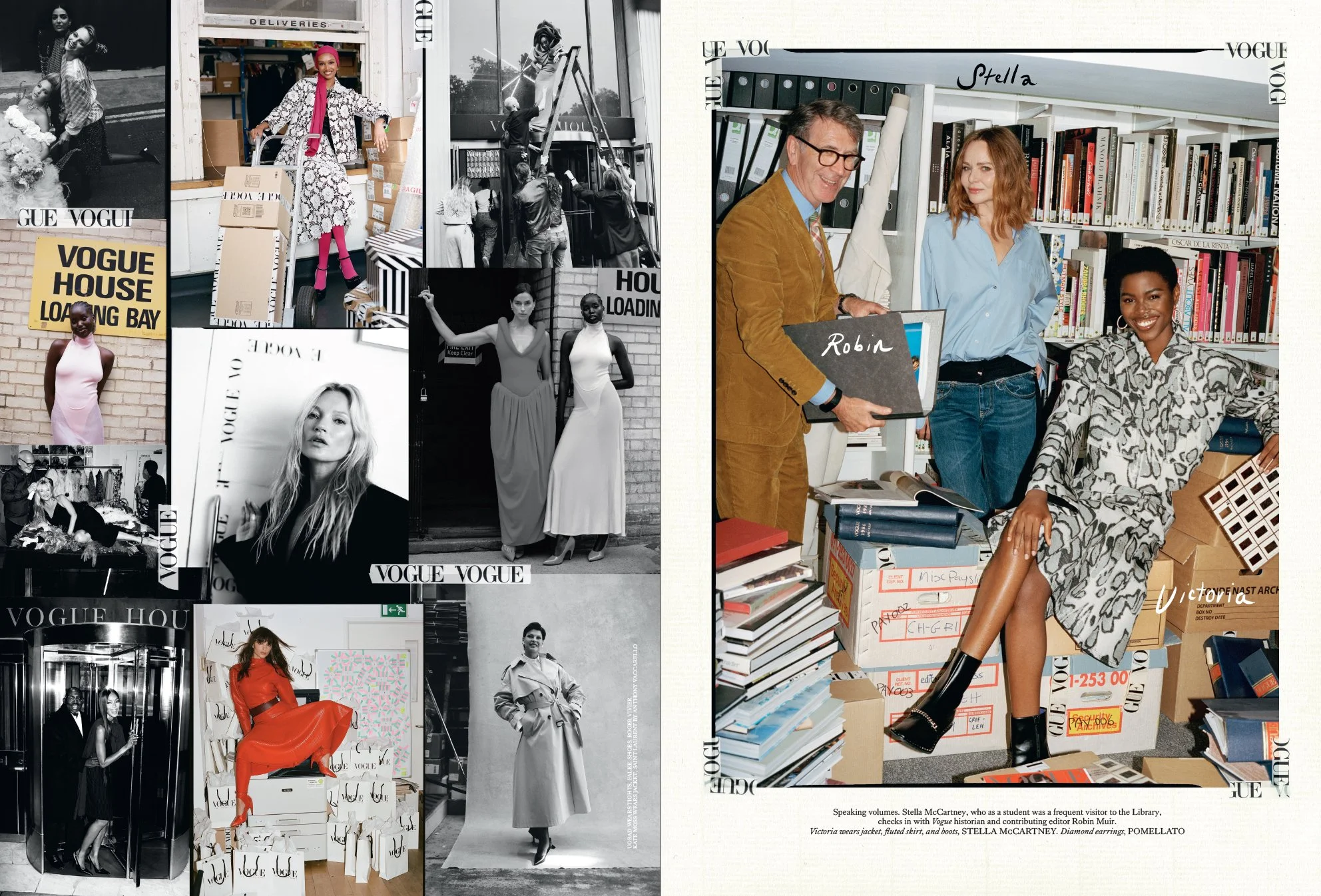  Stella McCartney with Vogue historian Robin Muir and model Victoria Fawole in the Vogue House library, paired with behind-the-scenes moments from the British Vogue story photographed by Sean Thomas in London. 