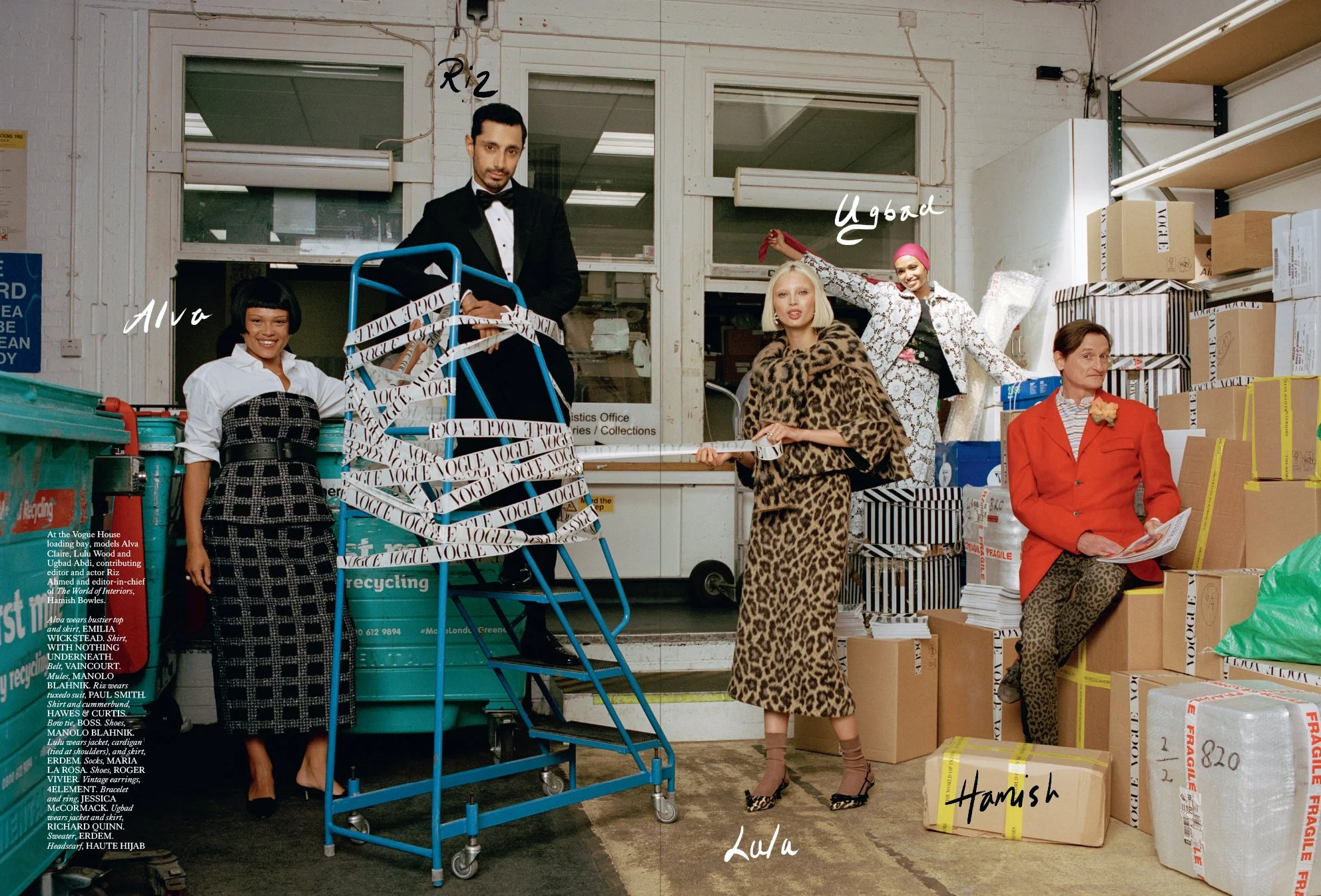  Alva Claire, Riz Ahmed, Lulu Wood, Ugbad Abdi and Hamish Bowles at the Vogue House loading bay in London, photographed by Sean Thomas for British Vogue’s Goodbye, Vogue House. 