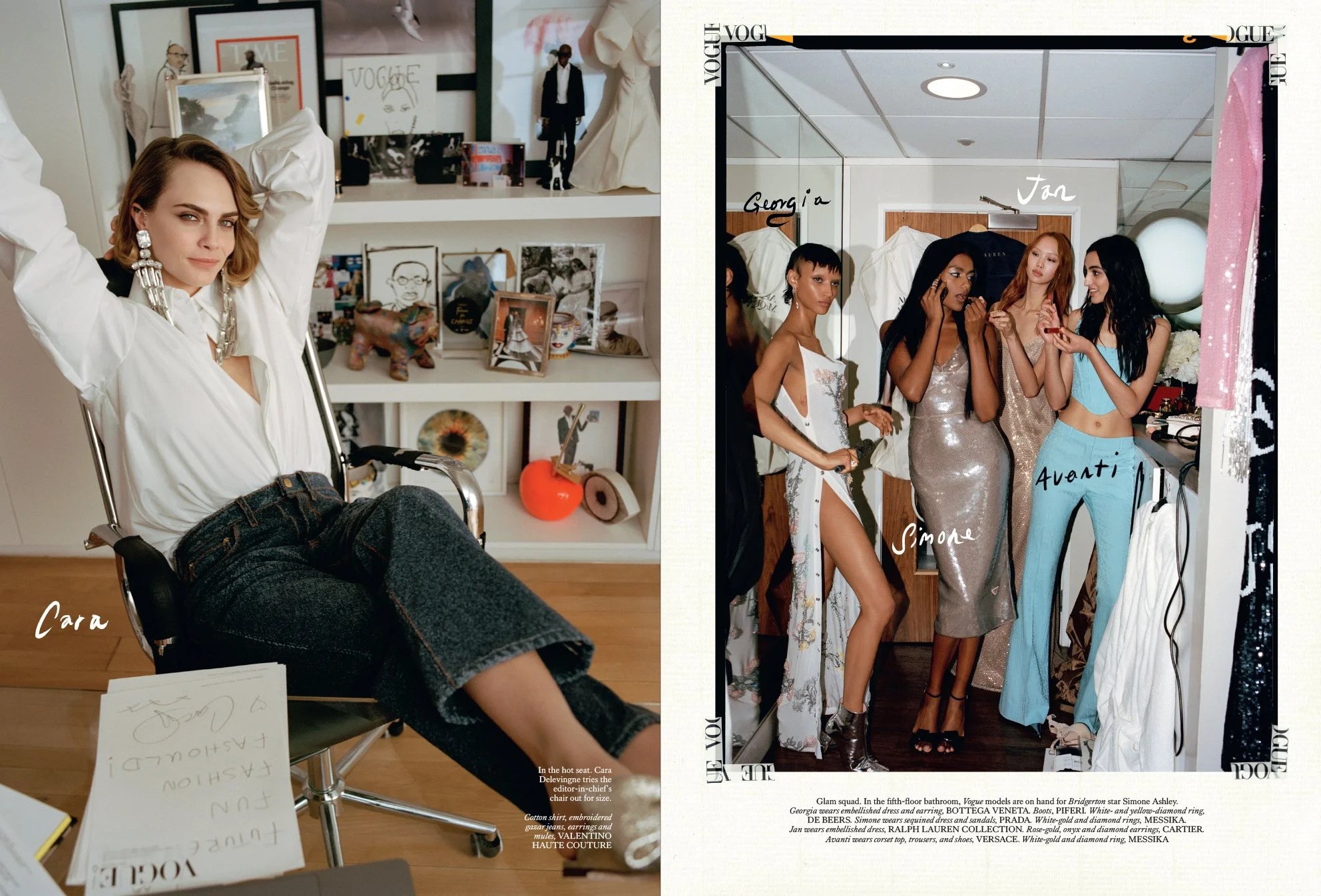  Cara Delevingne in the editor-in-chief’s chair, with Georgia Palmer, Simone Ashley, Jan Baiboon and Avanti Nagrath in the Vogue House bathroom, photographed by Sean Thomas for British Vogue. 