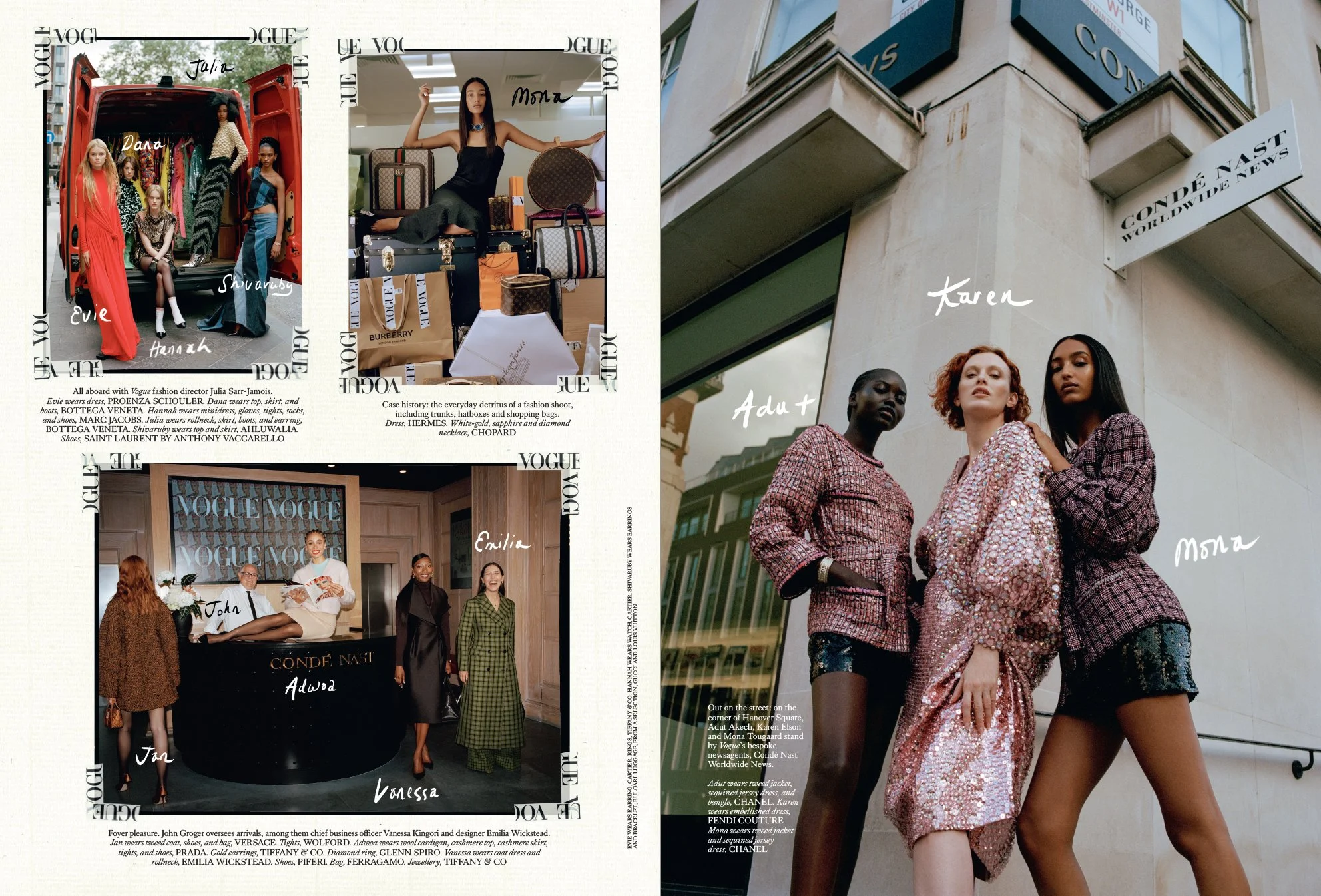  Julia Sarr-Jamois, Evie Harris, Dana Smith, Hannah Motler, Shivaruby, Mona Tougaard, John Groger, Jan Baiboon, Adwoa Aboah, Vanessa Kingori, Emilia Wickstead, Adut Akech and Karen Elson at Vogue House, photographed by Sean Thomas. 