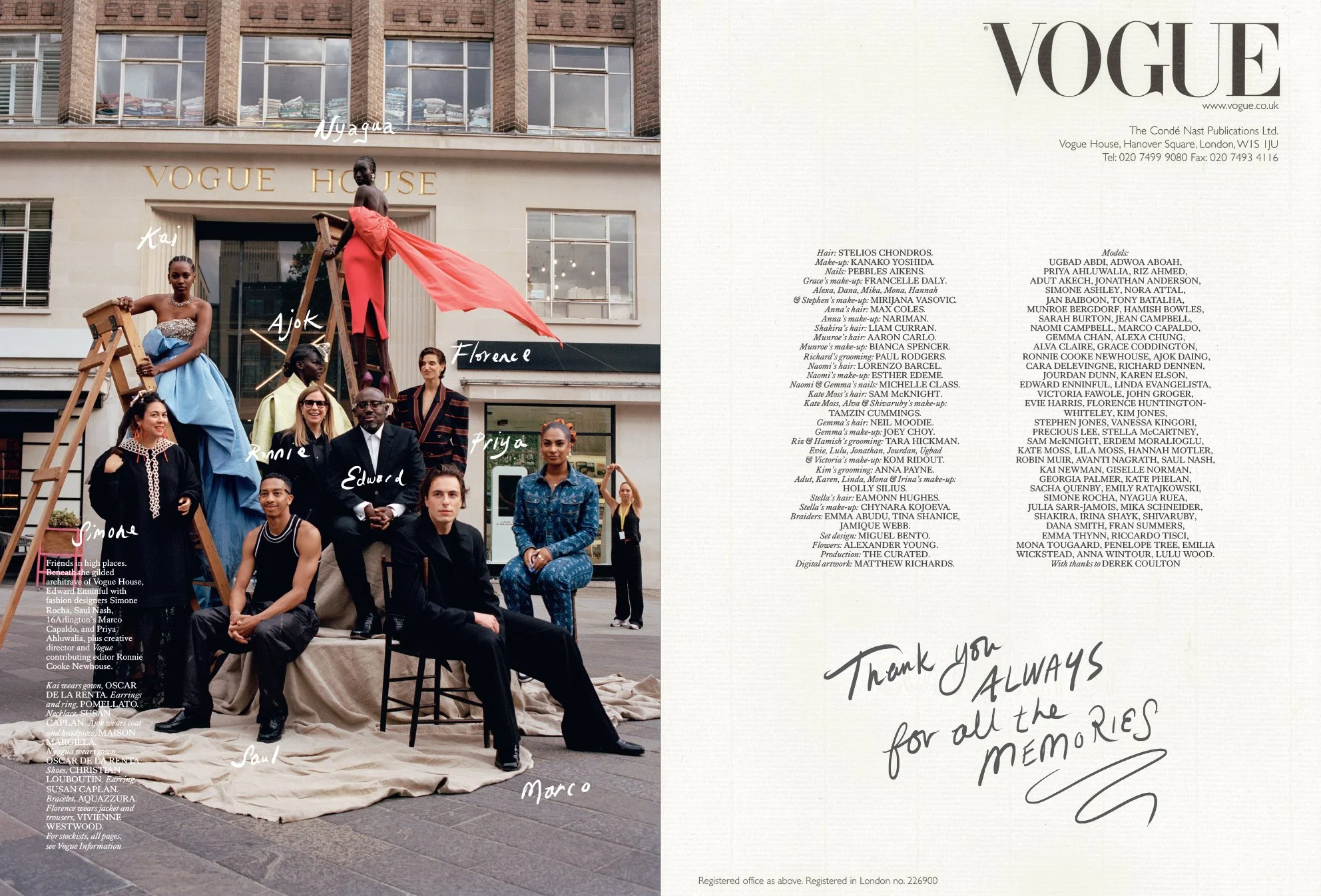  Edward Enninful, Simone Rocha, Saul Nash, Marco Capaldo, Priya Ahluwalia, Ronnie Cooke Newhouse, Kai Newman, Ajok Daing, Nyagua Ruea and Florence Huntington-Whiteley outside Vogue House. British Vogue, photographed by Sean Thomas. 