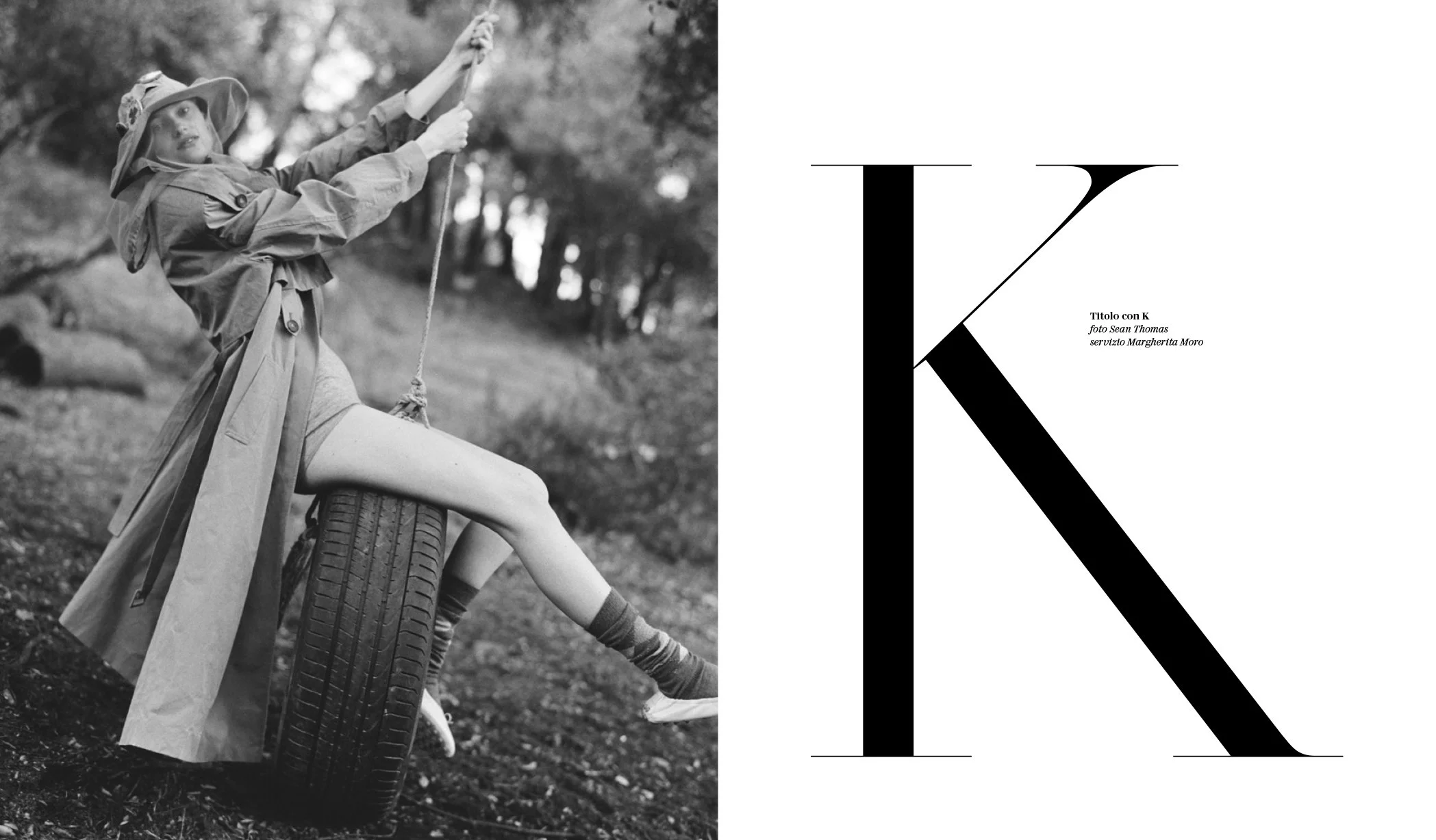  Black-and-white opening portrait of a model on a tire swing in a trench coat, photographed by Sean Thomas for D la Repubblica Spring/Summer 2023 and styled by Margherita Moro. 