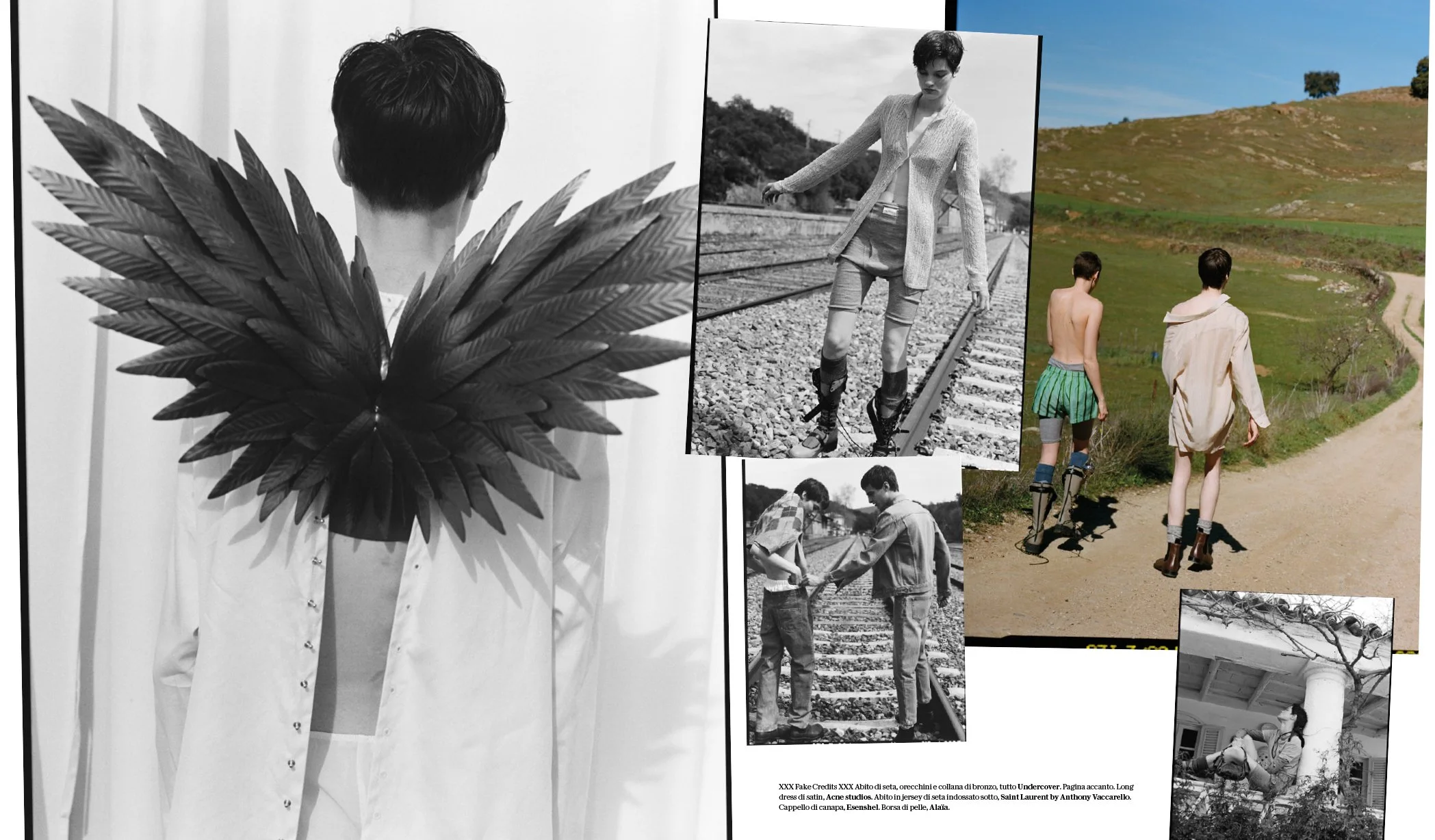  Mixed color and black-and-white countryside spread with sculptural foliage, railway portraits and models walking through the landscape, photographed by Sean Thomas for D la Repubblica Spring/Summer 2023. 