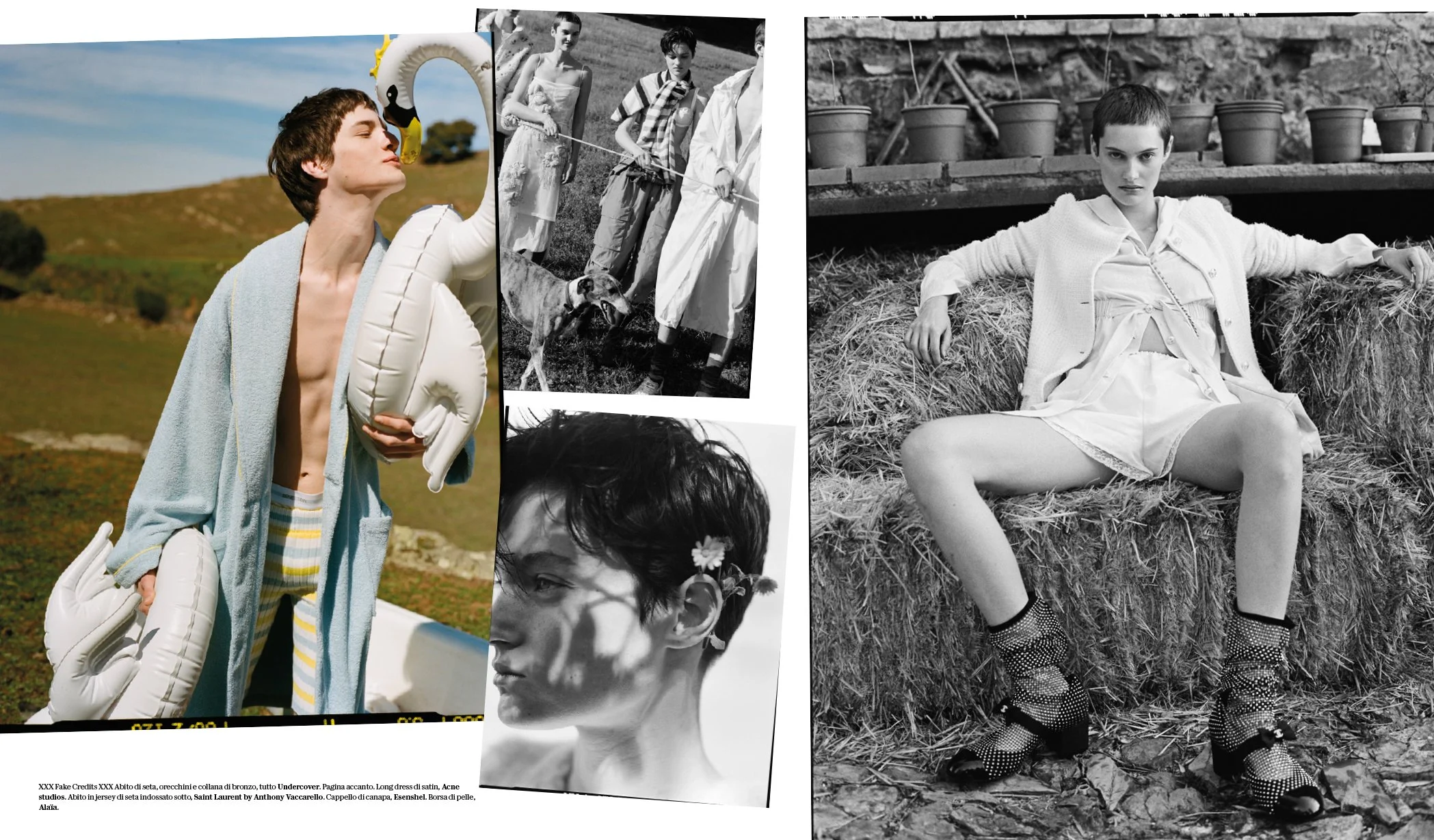  Countryside fashion spread with swan props, floral portraiture and a black-and-white portrait on hay bales, photographed by Sean Thomas for D la Repubblica Spring/Summer 2023. 