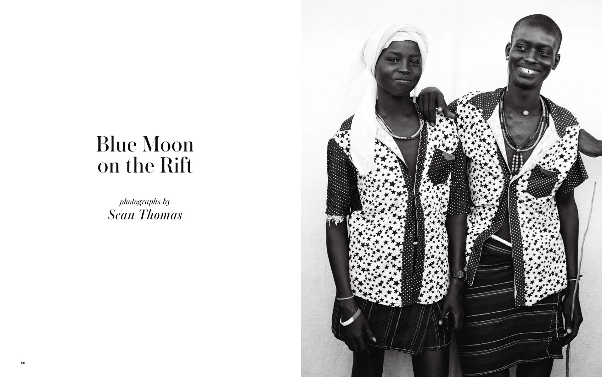  Opening spread of “Blue Moon on the Rift” for Holiday Magazine, photographed by Sean Thomas, with a black-and-white portrait of two young Ethiopians in patterned garments. 