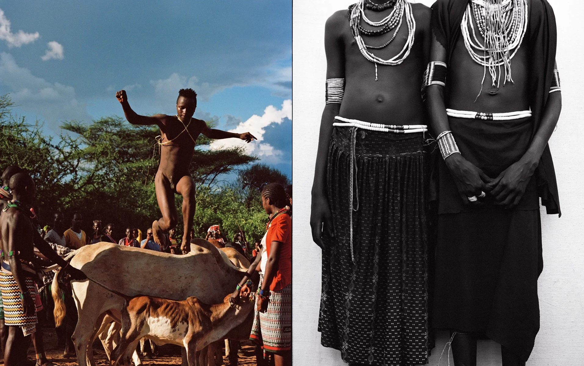  Holiday Magazine Ethiopia spread pairing a bull-jumping scene beneath a blue sky with a black-and-white portrait highlighting layered beadwork. 