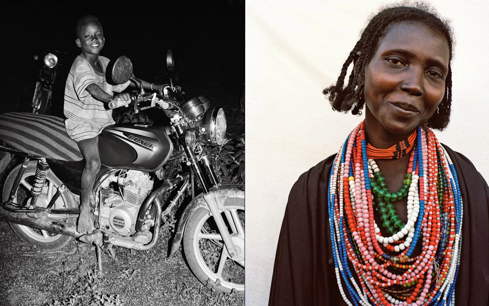  Spread pairing a child seated on a motorcycle at night with a color portrait of a woman wearing layered multicolored bead necklaces, photographed by Sean Thomas. 