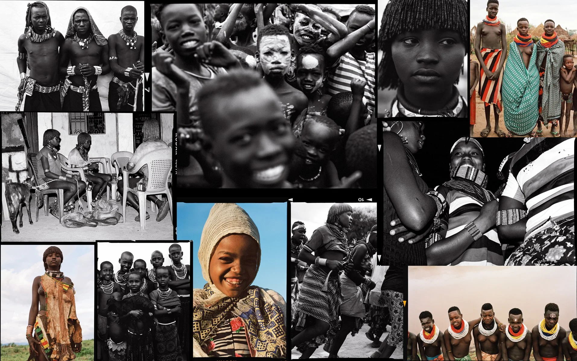  Collage of portraits and community scenes from Ethiopia, combining black-and-white and color photographs by Sean Thomas for Holiday Magazine. 