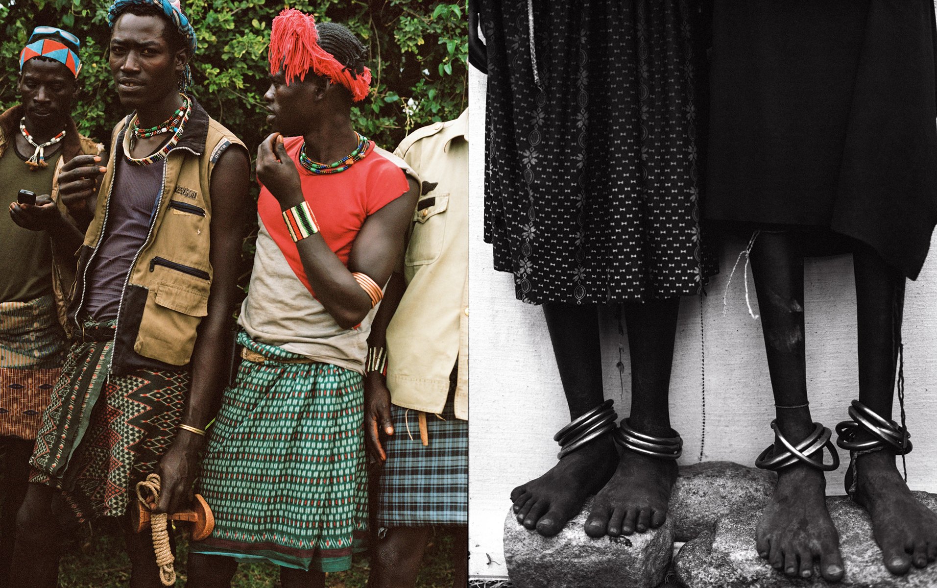  Holiday Magazine spread pairing a group portrait in colorful dress and beadwork with a black-and-white detail of feet adorned with metal anklets. 