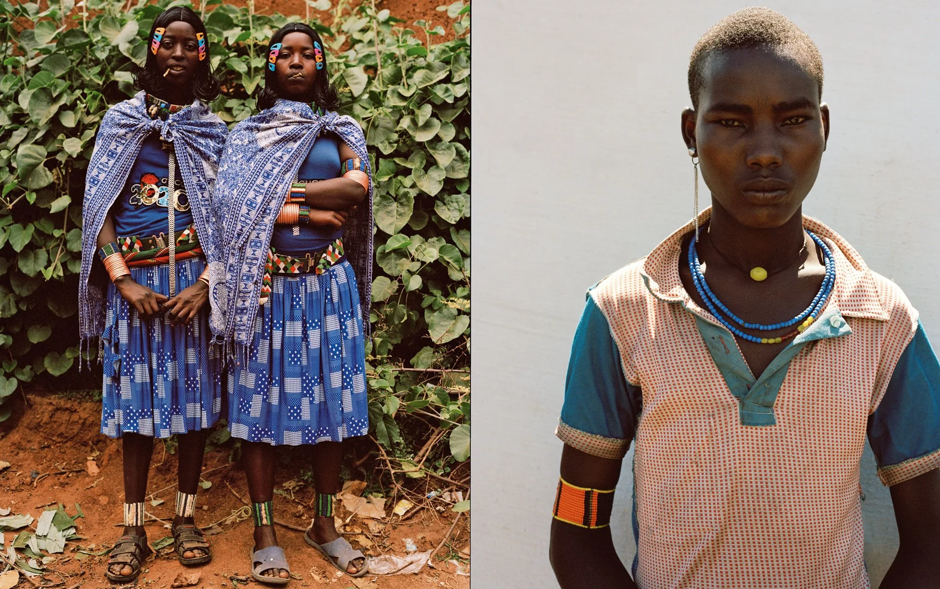  Two Ethiopian portraits: women in coordinated blue garments against greenery and a young person wearing blue jewelry, photographed by Sean Thomas. 
