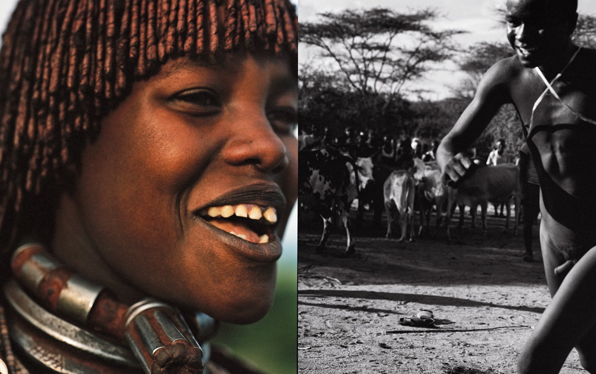  Spread pairing a close color portrait of a smiling woman in metal neck rings with a black-and-white bull-jumping scene in Ethiopia. 