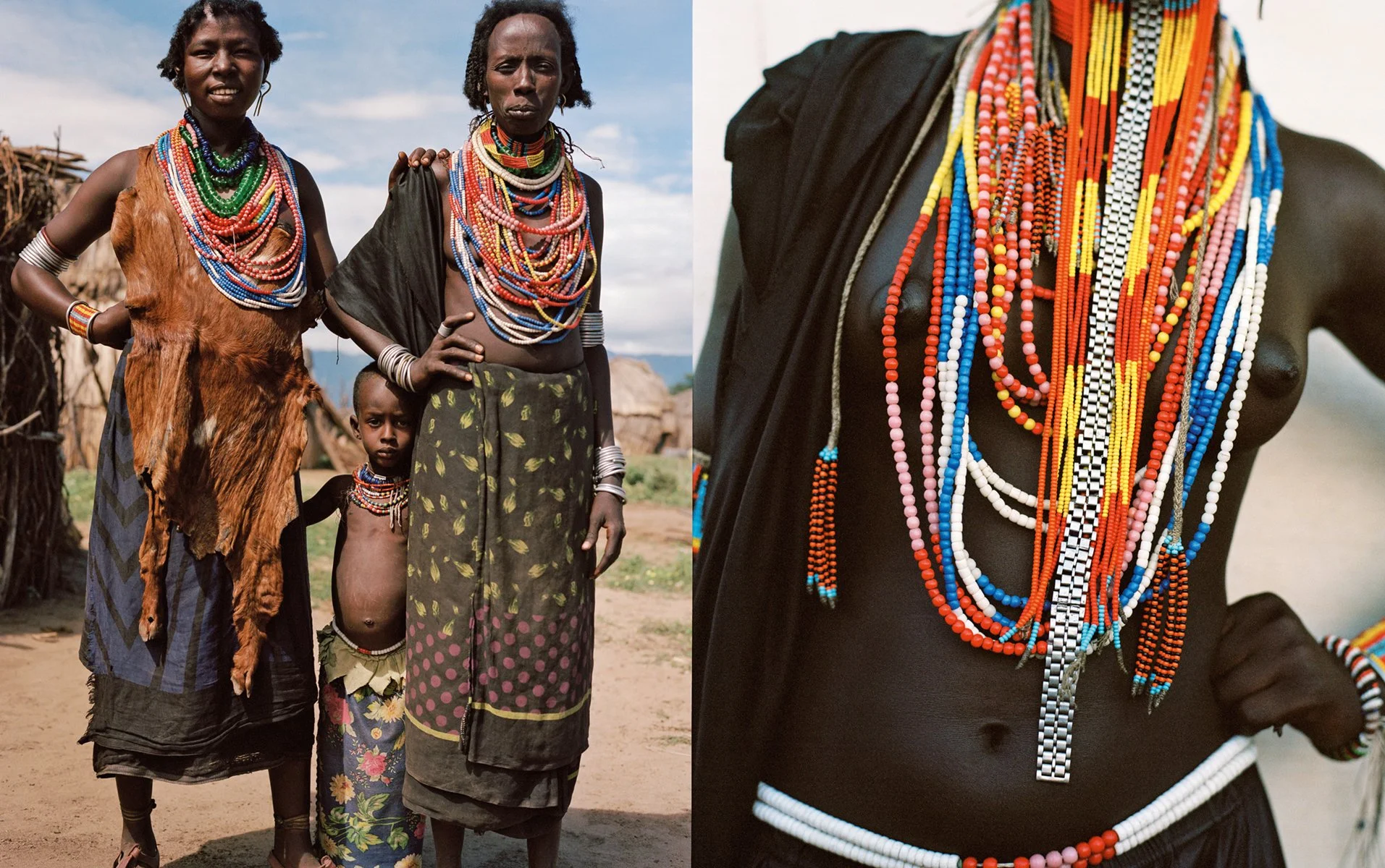  Spread pairing a portrait of two women and a child with a close detail of layered multicolored beadwork, photographed by Sean Thomas in Ethiopia. 