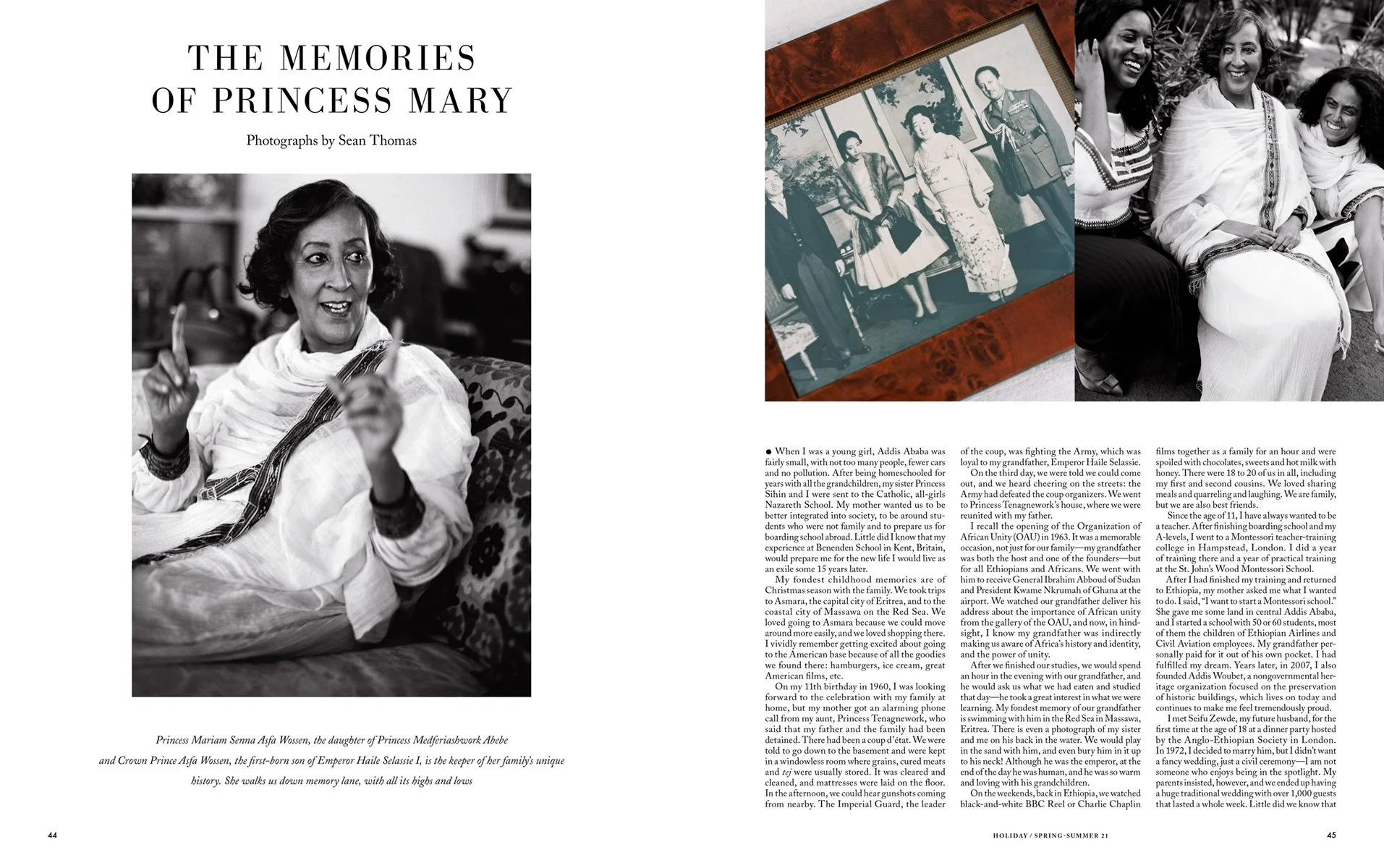  Opening spread of “The Memories of Princess Mary” for Holiday Magazine, photographed by Sean Thomas, featuring Princess Mariam Senna Asfa Wossen, archival royal imagery and a family portrait in Ethiopia. 