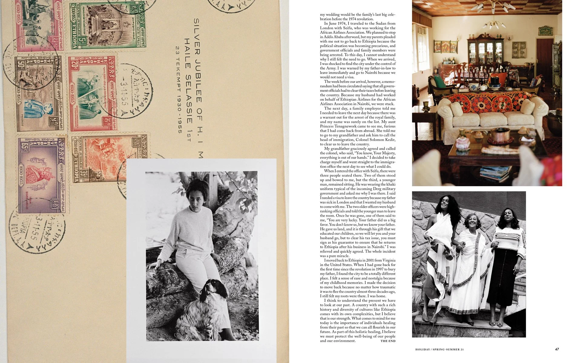  Closing spread of “The Memories of Princess Mary,” combining Ethiopian stamps, an archival portrait, a family home interior and family photographs for Holiday Magazine. 