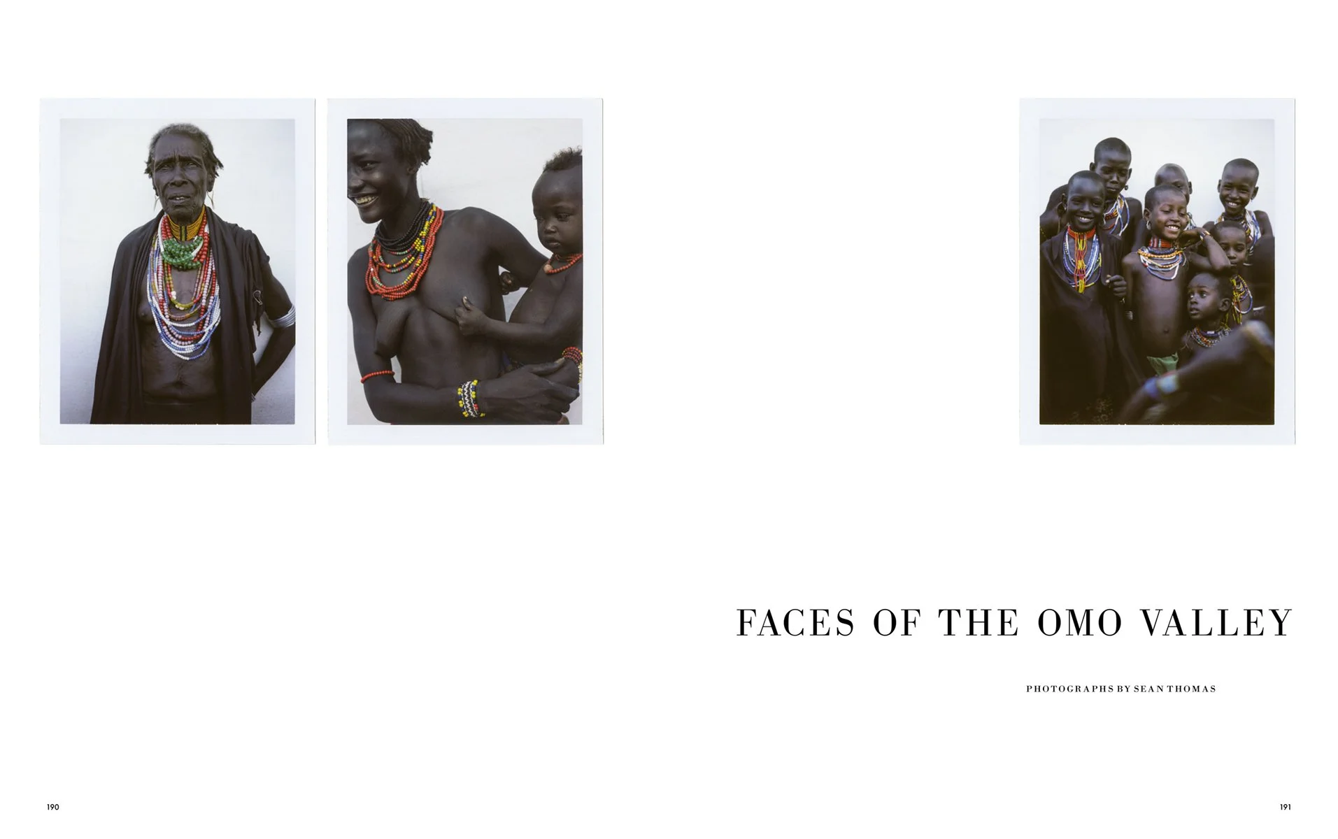  Opening spread of “Faces of the Omo Valley” for Holiday Magazine, photographed by Sean Thomas, with instant-film portraits of women, a mother and child, and a smiling group. 