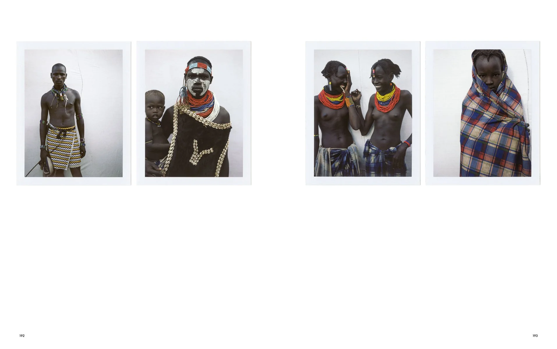  Four instant-film portraits of Omo Valley residents in layered beadwork, face paint and patterned wraps, photographed by Sean Thomas for Holiday Magazine. 