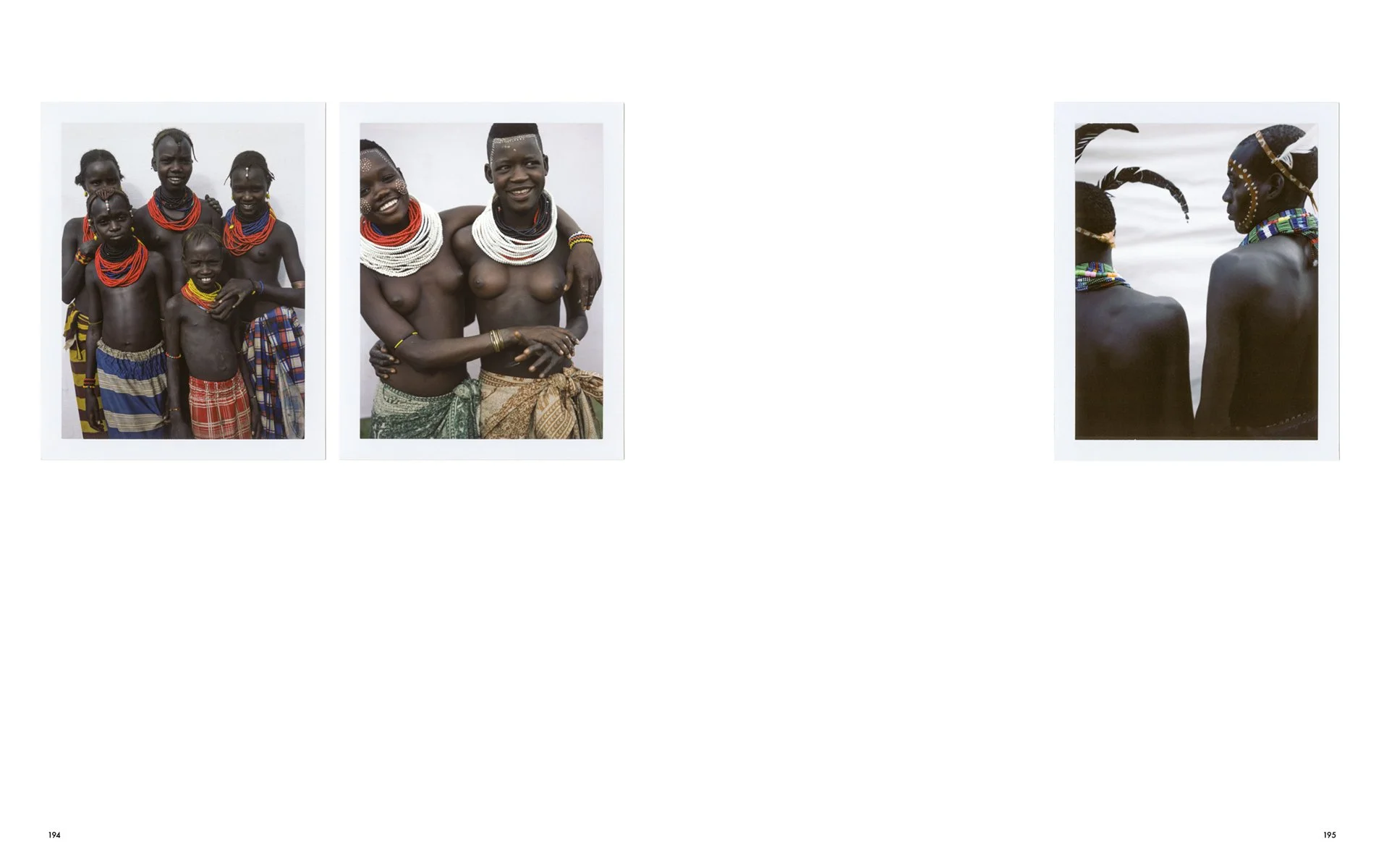  Closing spread of “Faces of the Omo Valley” with three instant-film group portraits of residents wearing layered necklaces and patterned dress, photographed by Sean Thomas. 