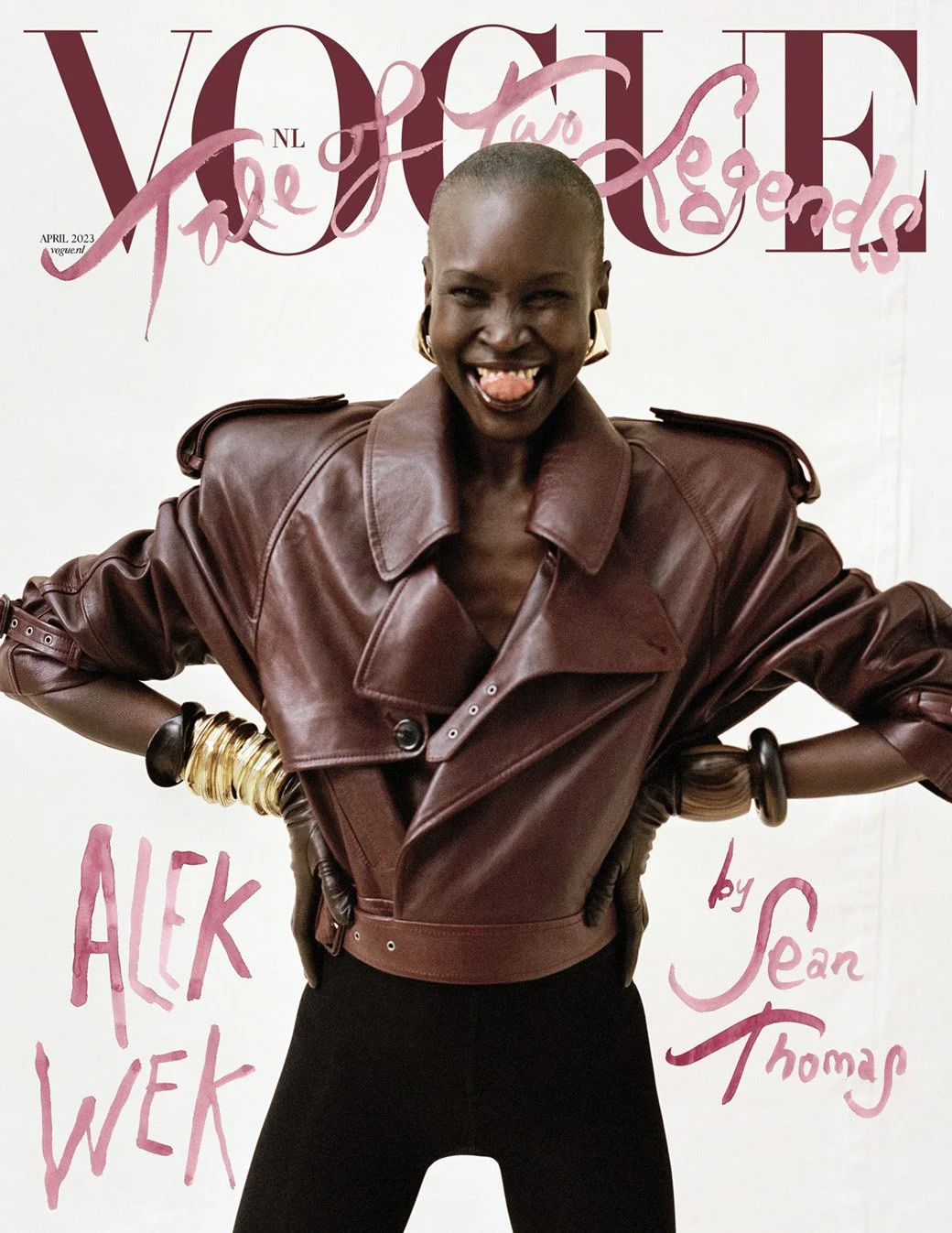  Alek Wek on the Vogue Netherlands cover in a sculptural leather jacket, photographed by Sean Thomas. 